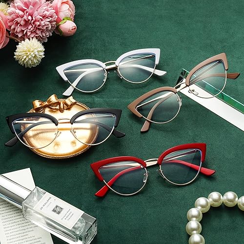 Miniatura 10 de Paquete de 4 lentes de lectura para mujer, diseño de ojo de gato de gran tamaño, con bloqueo de luz azul, marcos de lentes de moda, lector de