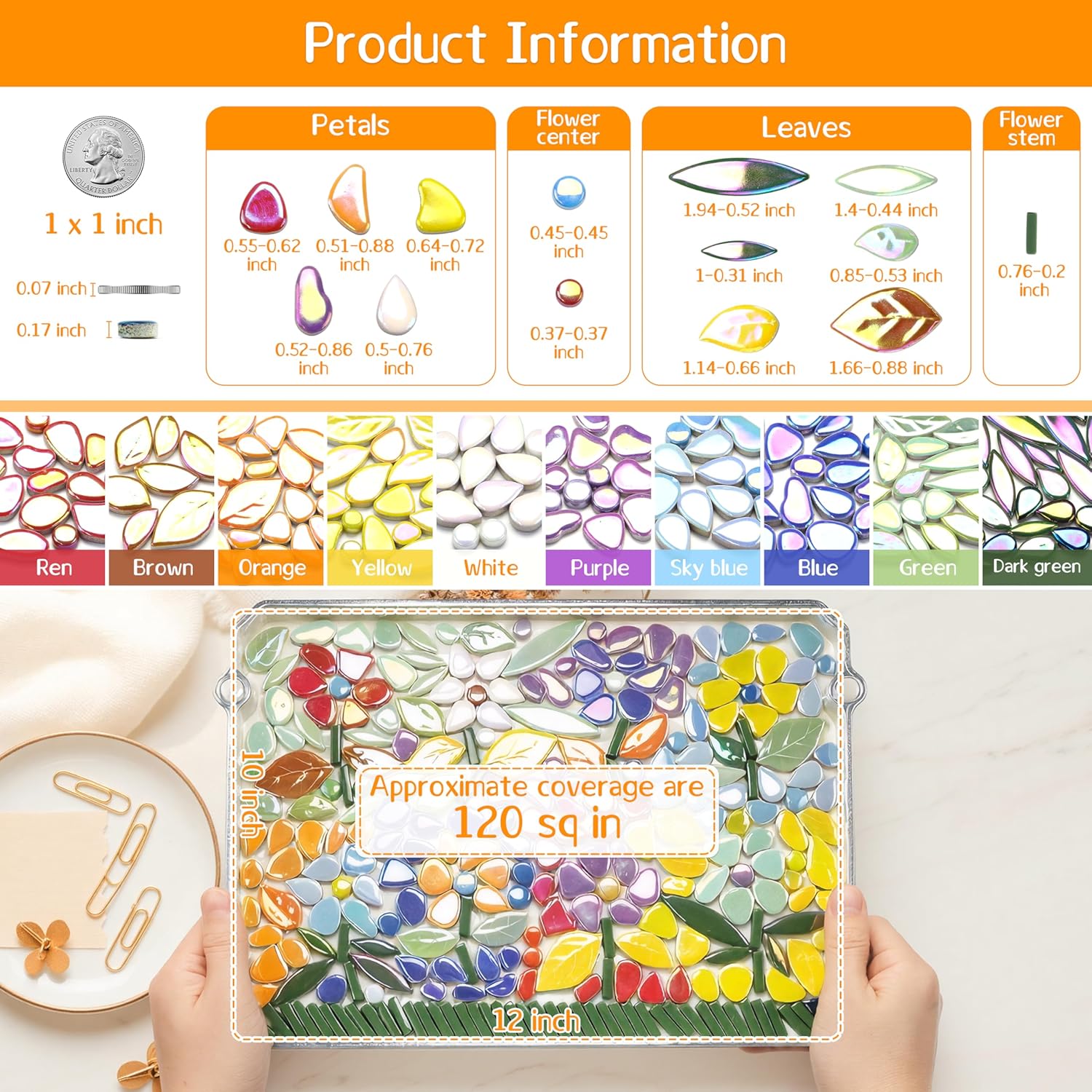 LOTOFUN Mosaic Tiles for Stepping Stones: Ceramic Iridescent 610g Mosaic Tiles for Crafts Bulk with Petals Centers Leaves Stem Decorative Flower Mosaic Supplies for DIY Garden Decor Mother’s Gift