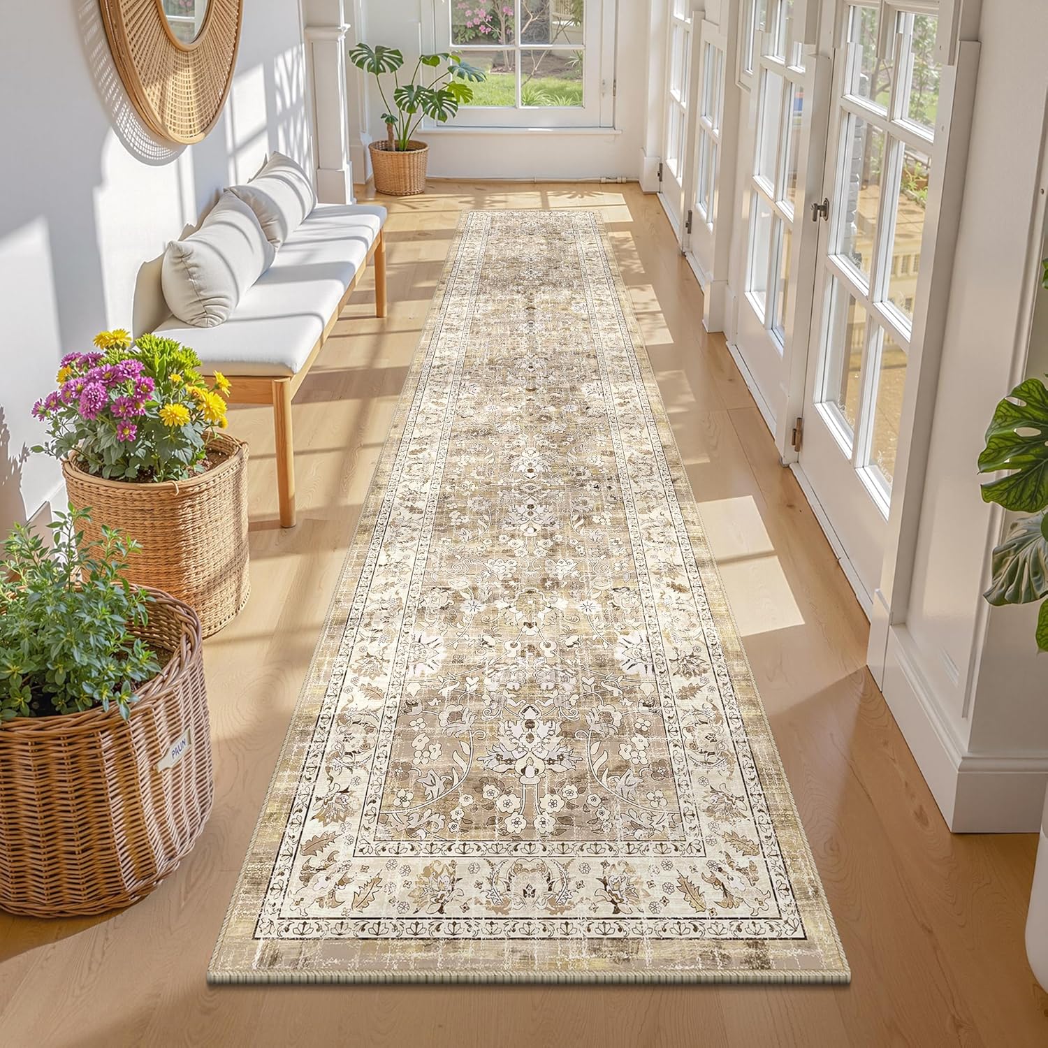 LOKHOM Washable Runner Rug, 2x10 Non-Slip Boho Hallway Rug with Rubber Backing, Vintage Soft Stain Resistant Distressed Kitchen Runner Rug for Kitchen Laundry Entryway Bedroom (Beige Brown)