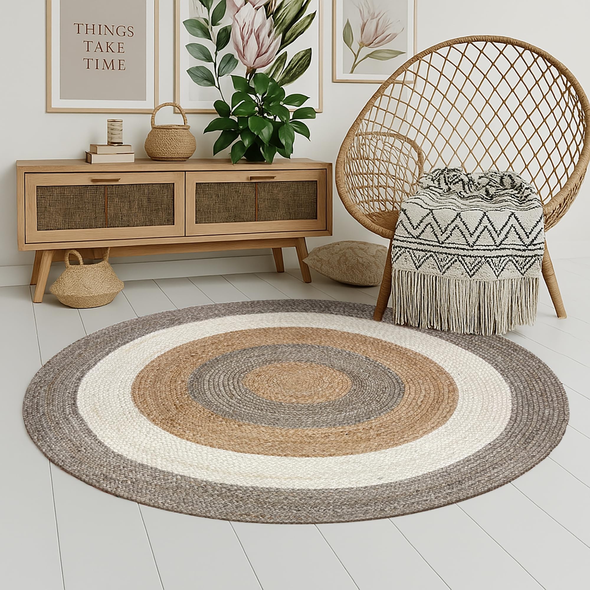 MY-RUG Jute Teppich Rund 120 cm - Sisal-Optik Handgewebt - Naturfaser Beige | Nachhaltiger Juteteppich für Wohnzimmer und Flur, OEKO-TEX zertifiziert, pflegeleicht, beidseitig nutzbar und weich