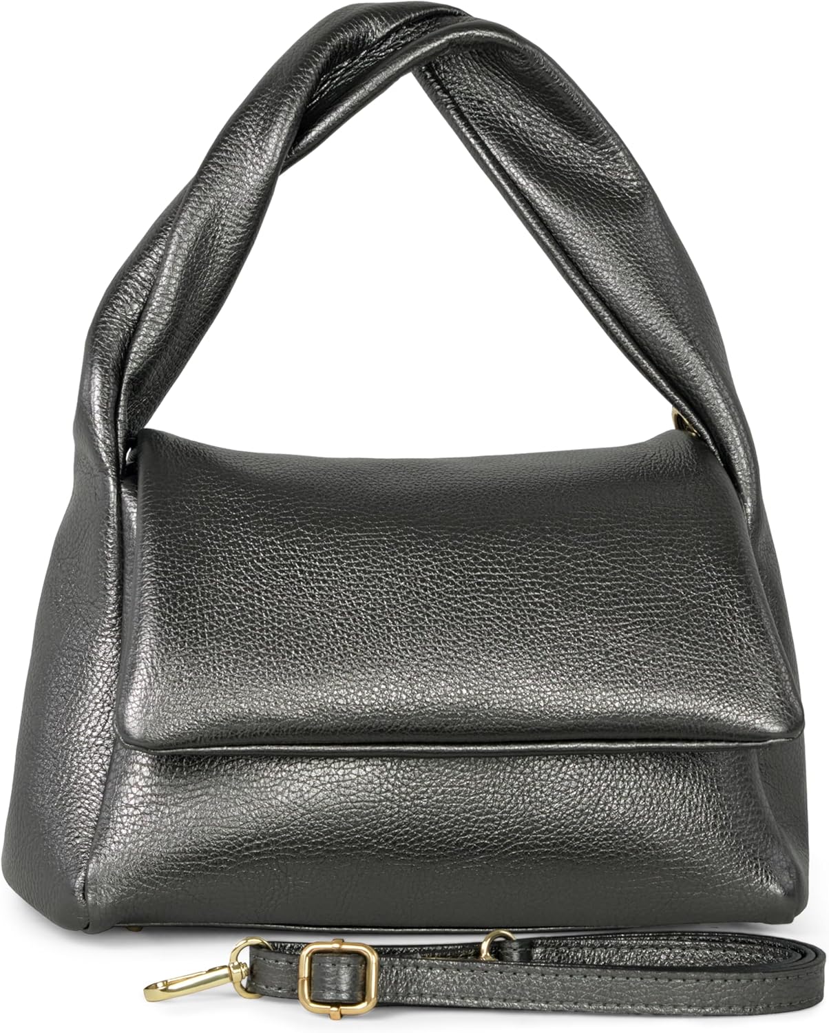Italian Metallic Calf Leather Top-Handle Bag for Women with Zipper Flap & Twisted Handle | Crossbody Shoulder Purse