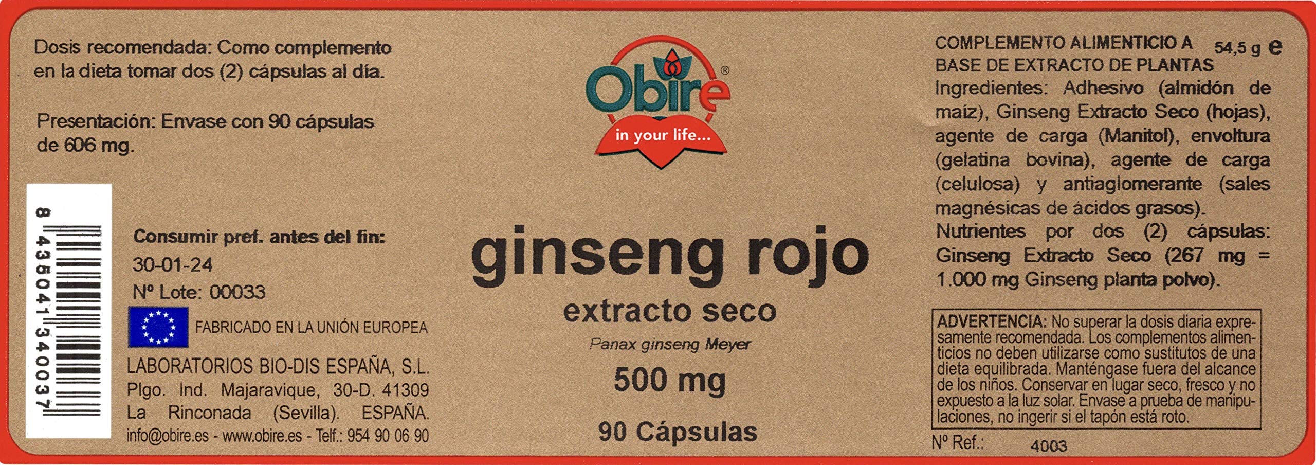 Obire | Ginseng Rojo 500 mg | Extracto Seco 90 Cápsulas (Pack 2 unid.)