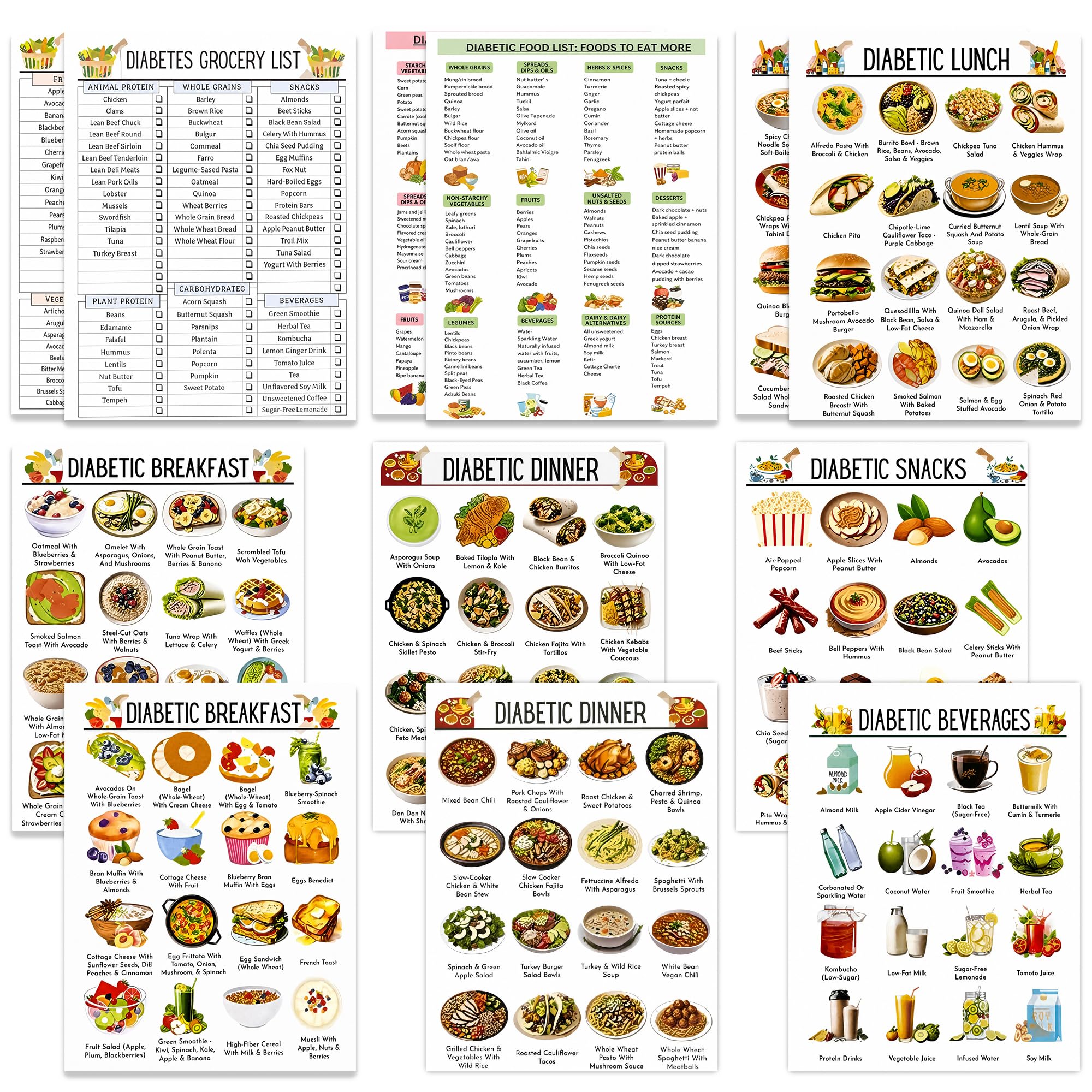 JTENGYAO 12 Diabetes Food List Posters Diabetes Meal Planning Charts