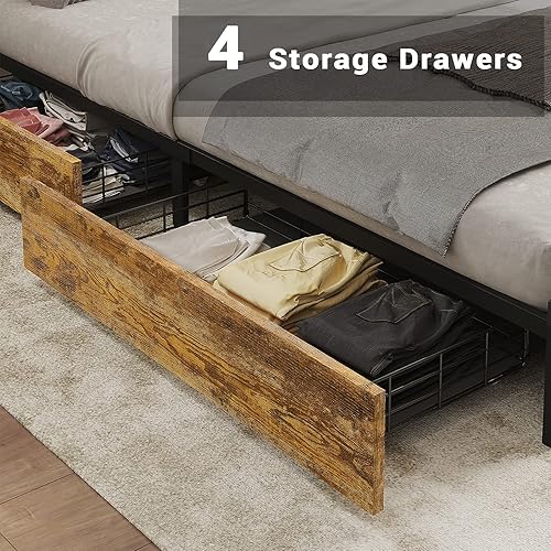Miniatura 7 de ADORNEVE Marco de cama LED tamaño matrimonial con tomas de corriente y cabecera de estantería cama de plataforma de metal con cajones de