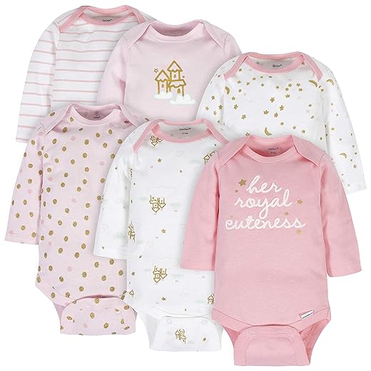Gerber Baby Girls' 6-Pack Long-Sleeve Onesies Bodysuits, Princess Pink, 3-6 Months