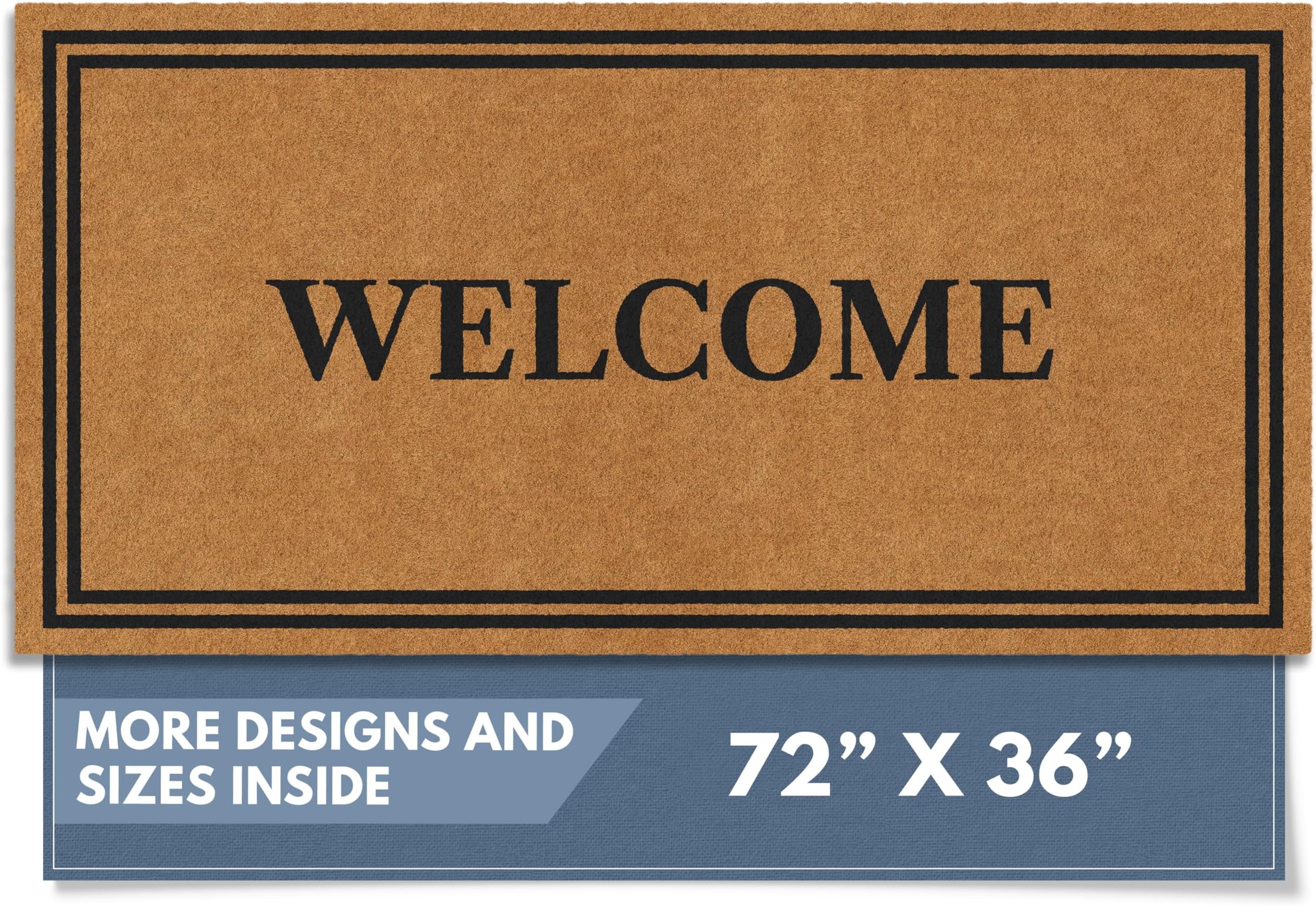 Natural Coco Coir Heavy Duty Backing Doormat - Large Cute Non-Slip Front Door Welcome Mat for Outside Entrance or Porch Entry, Brown (36x72, Welcome)