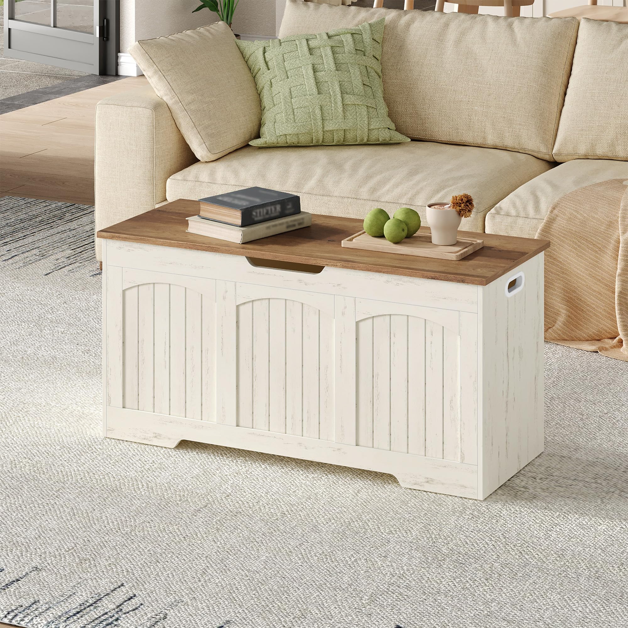 Cassapanca, Cassapanca Contenitore in Legno, Panca Contenitore con Cerniere di Stabilità, per Ingresso, Camera da Letto, Soggiorno, 100 x 40 x 48 Cm, Bianco e Marrone FFXD103PWR1