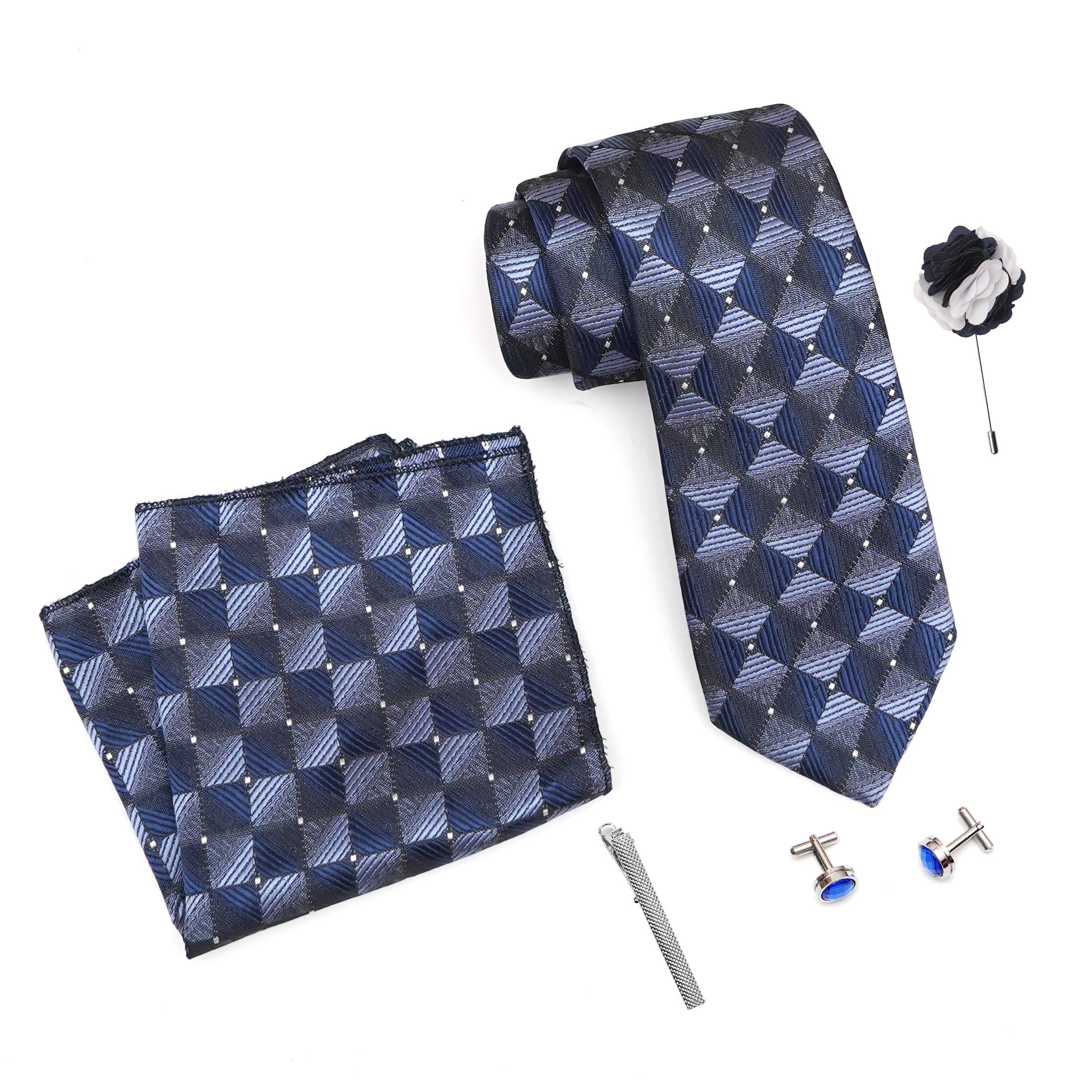 Mens Plaid Micro Self Silk Floral Blue Necktie Gift Set With Pocket Square Cufflinks Brooch Pin Men Tie Clip Formal Tie With Wooden Box For Gifting (RW_14, Free Size)-image-17