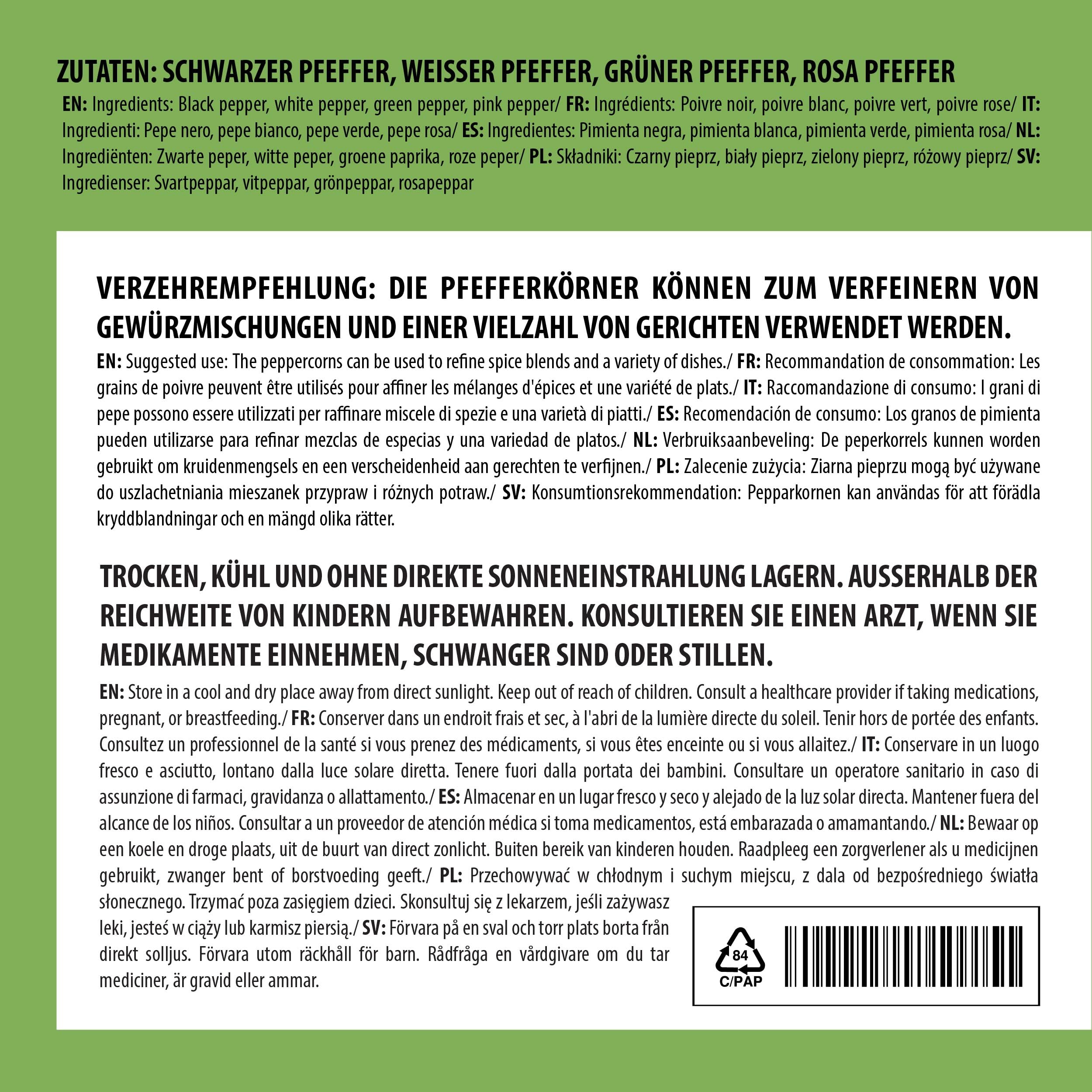 Alpi Nature Pepe Misto 1kg, Grani di Pepe Interi Neri, Bianchi, Rosa e Verdi per Cucina