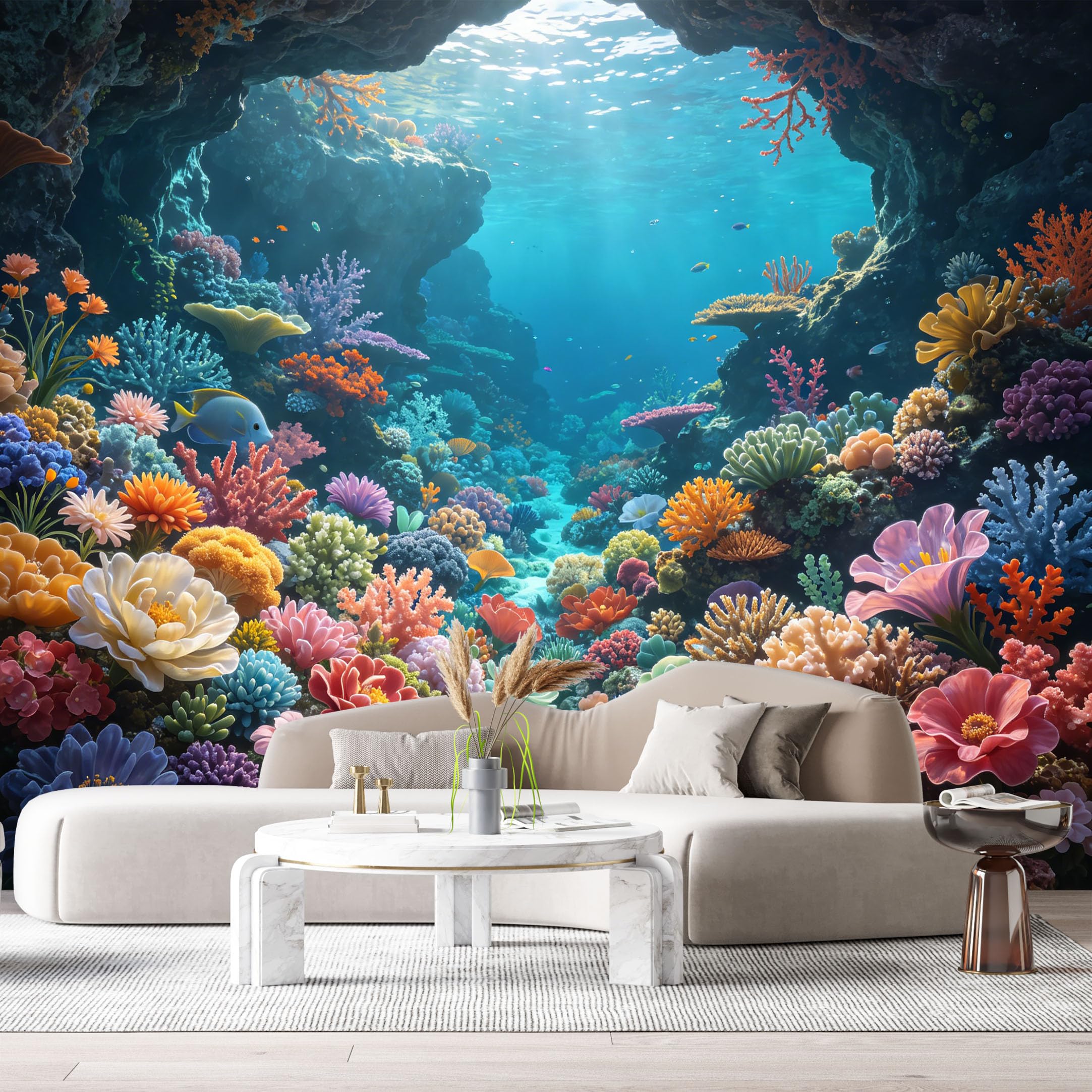 Custom Size Wall Murals Underwater Ocean Marine Coral Reef Exotic Tropical Flowers SelfAdhesiveWall Fabric Removable Wallpaper Wall Decor for Living Room Bedroom Bathroom