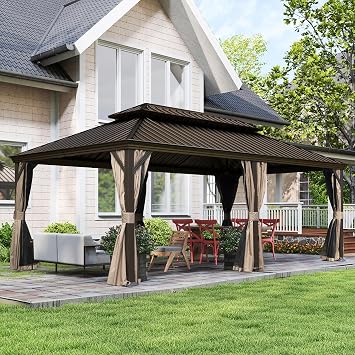 Domi 12x18FT Hardtop Gazebo, Outdoor Gazebo with Double Galvanized Steel Roof, Metal Pavilion Shelter for Patio, Lawn and Garden, Detachable Curtain and Netting Included, Brown