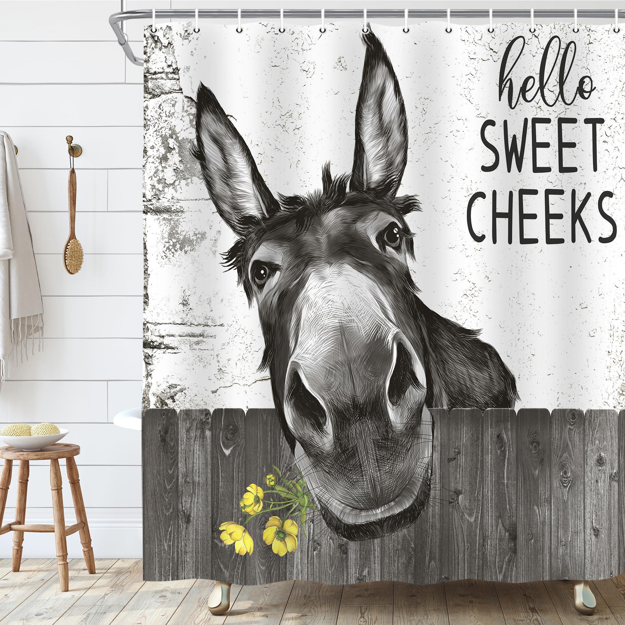 Emwnodti Funny Donkey Rustic Shower Curtain, Fun Cute Animal Farmhouse Shower Curtain for Bathroom Set, Black and White Polyester Fabric Waterproof,