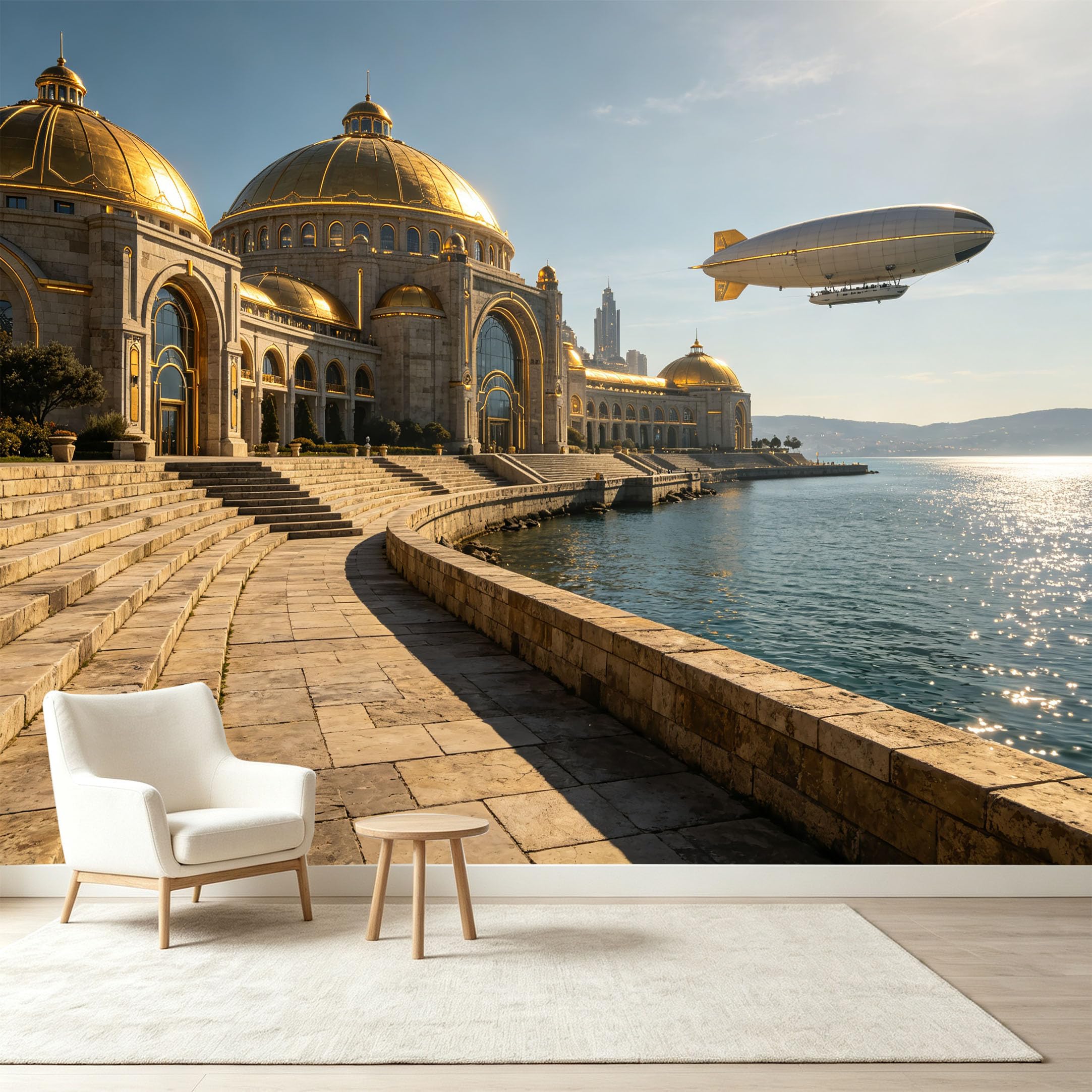 Custom Size Wall Murals Neoclassical Gold Dome Palace Airship Seascape 3D Trompe L'Oeil Self-Adhesive Wall Fabric Removable Wallpaper Wall Decor for Living Room Bedroom Bathroom