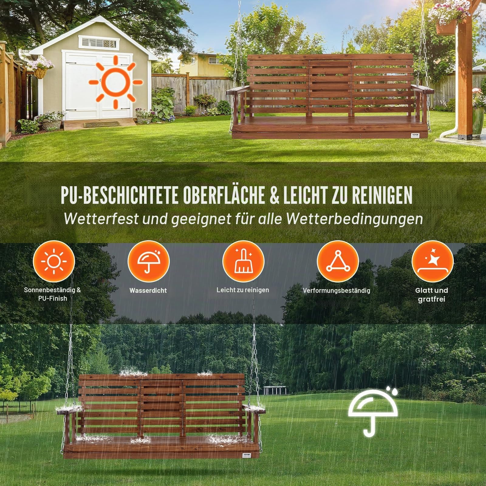 VEVOR Hollywoodschaukel Zedernholz, 1523x710x600mm, Terrassenschaukel für Hof und Garten, verbesserte Tragkraft von ca. 400 kg, robuste Schaukelstuhlbank mit Aufhängeketten für den Außenbereich, braun
