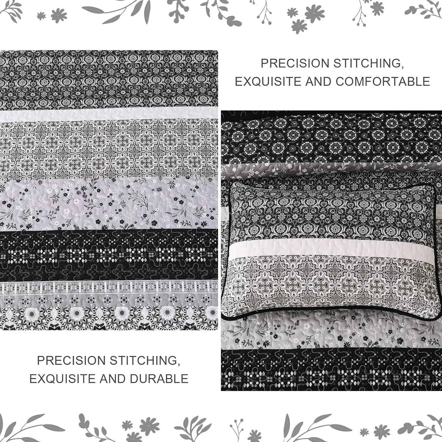 WONGS BEDDING Boho Quilt Set King, Bohemian Black Striped Patchwork Bedspread Coverlet Set with 2 Pillowcases,Lightweight Microfiber Floral Bedding Set 104"×90" - Image 5