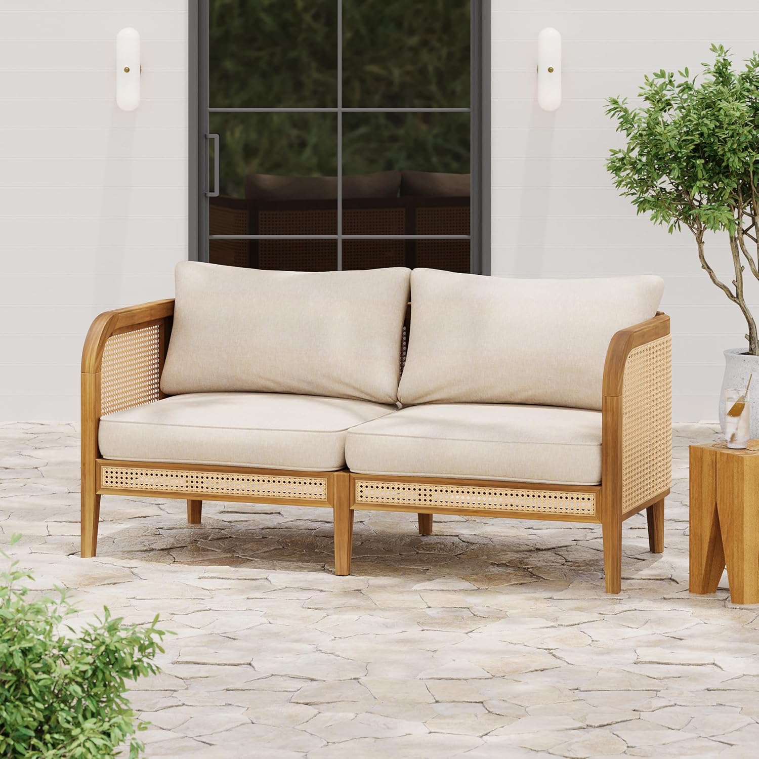 GDFStudio Boho Outdoor Sofa with Cushions,Patio Rattan Upholstered Loveseat with Weatherproof Acacia Wood Frame,Rustic 2-Seater Couch Loveseats for Garden Deck Backyard Poolside,56.25" Teak+ Beige