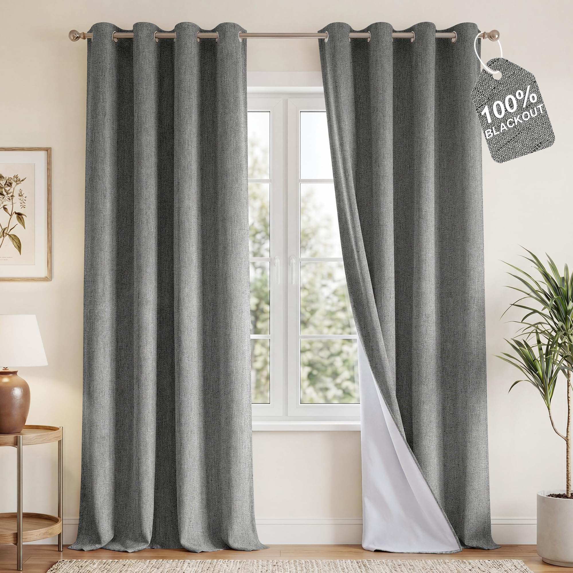 NICETOWN Extra Long 100% Blackout Grey Linen Curtains W52 x L108