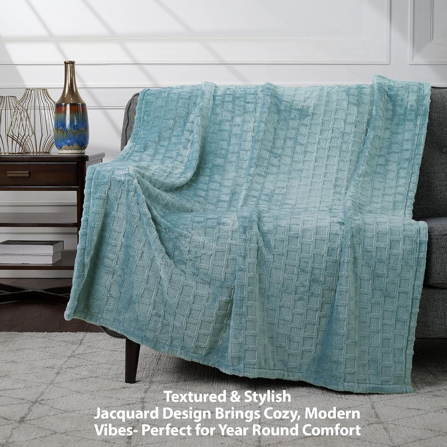 Velvet Plush Jacquard Tile Throw Blanket for Couch - Buttery Soft, Cozy Throw, for Women (Aqua, 50" x 60") - Image 2