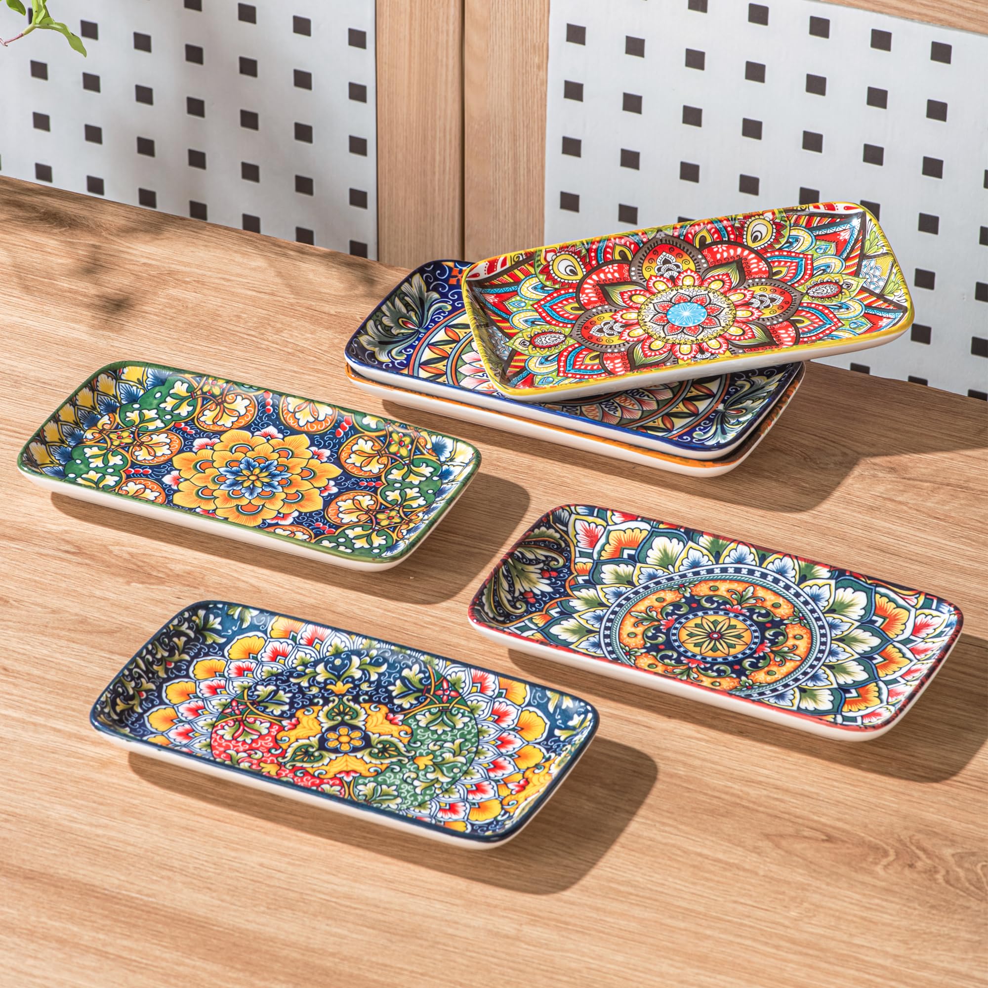 Platos Rectangular, Bandeja para Servir 6 Unidades - 25,5 cm, Platos para Aperitivos, Sushi, Frutas, Ensaladas, Microondas, Horno y Lavavajillas - Multicolor