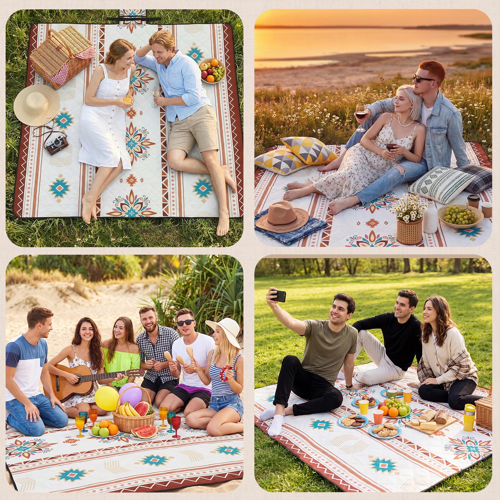HAUSPROFI Picknickdecke Wasserdicht & Isoliert 200x200 cm Große Picknick Decke mit 3 Lagen Camping Decke Reißfest, 4 Heringe mit Tragegriff & Schultergurt Maschinenwaschbar für Strand, Park, Camping