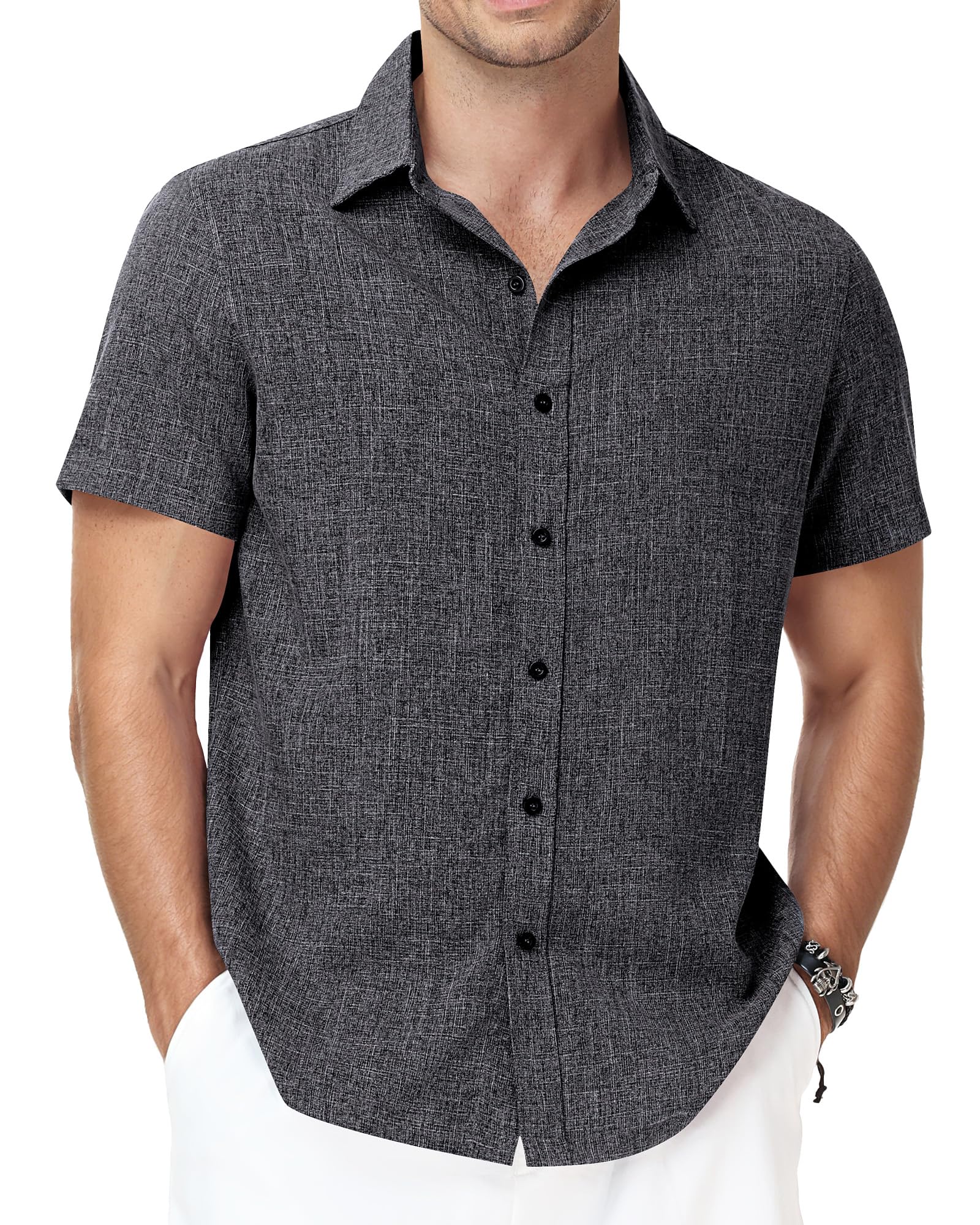 Runhit Men's Short Sleeve Button Down Shirts Casual Beach Shirt Lightweight Wrinkle Free Vacation Summer Wedding Tops