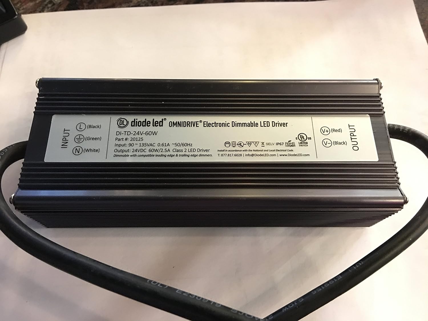 DiodeLED DI-TD-24V-60W Dimmable Electronic Driver 90 - 135 Volt AC Input 12 Volt DC Output 60 Watt Output Omnidrive