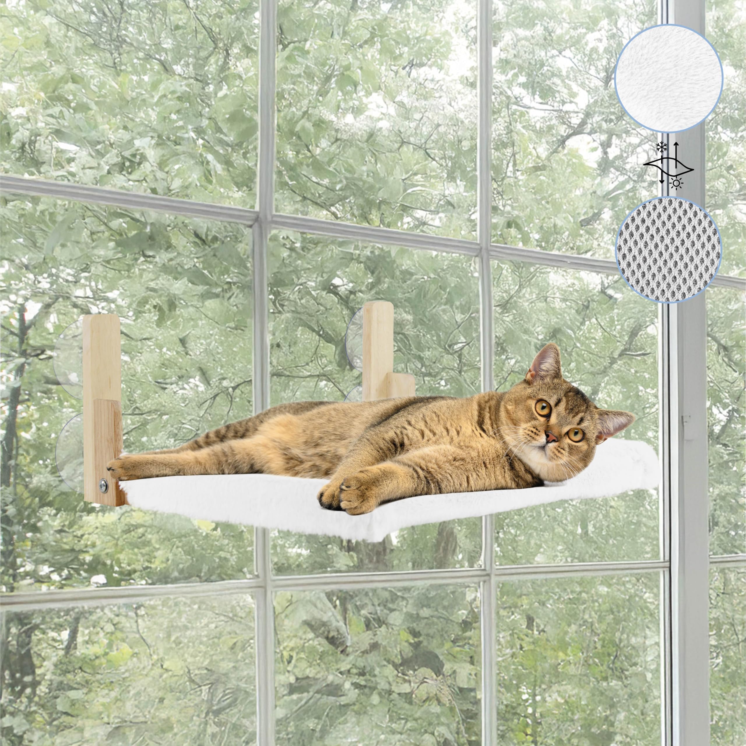 KAIMERCE Hamaca Gato Ventana - Cama Gato de Madera Plegable con Manta Reversible Invierno/Verano - Hamaca Gatos Ventana con 4 Ventosas - Cama Ventana para Gatos Cómoda y Duradera