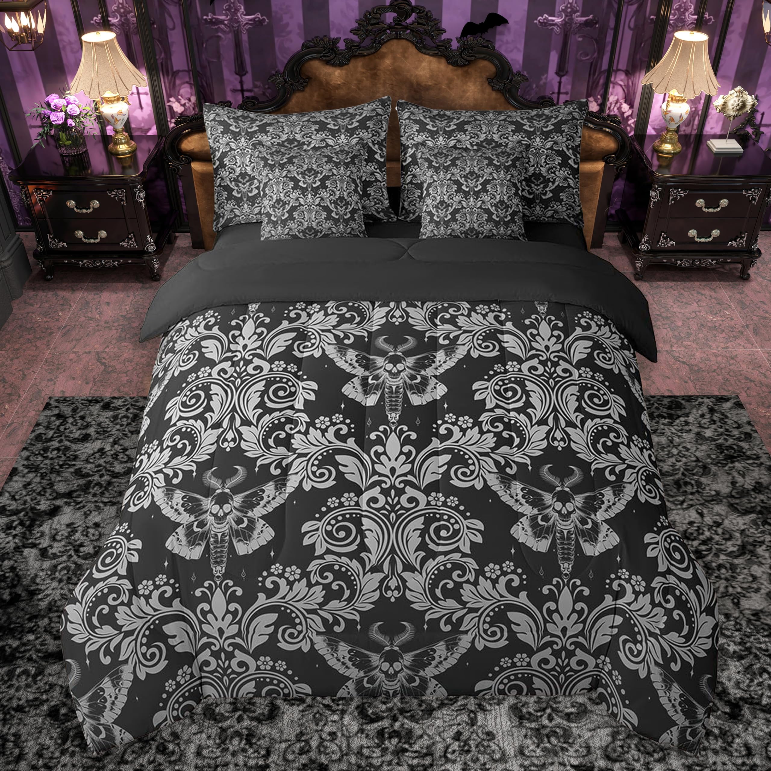 Feelyou White Black Vintage Damask Comforter Set with Sheets 7 Piece Queen