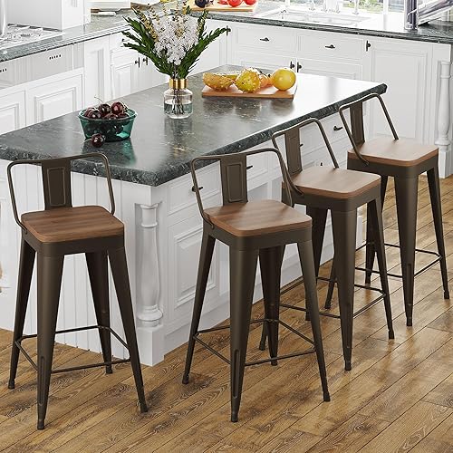 Juego de 4 taburetes de bar de metal, altura de mostrador, sillas de bar oxidadas, modernas sillas de bar de 26 pulgadas con respaldo y asiento de