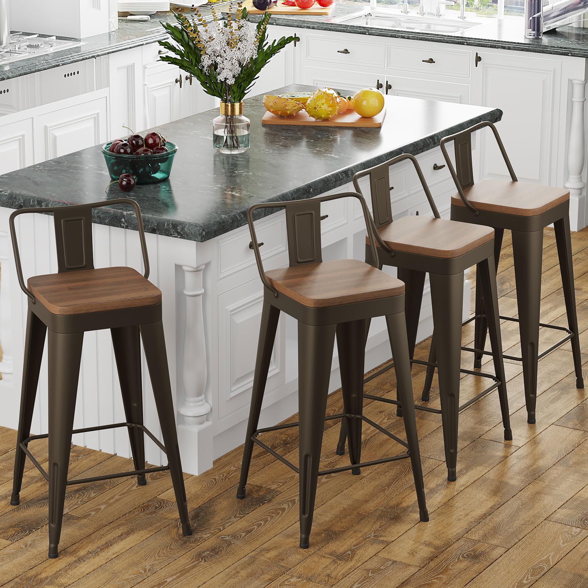 POINTANT Bar Stools Set of 4 Metal Bar Stool Counter Height Bar Stools Rusty, Modern 30" Bar Chairs with Back and Wooden Seat Counter Height