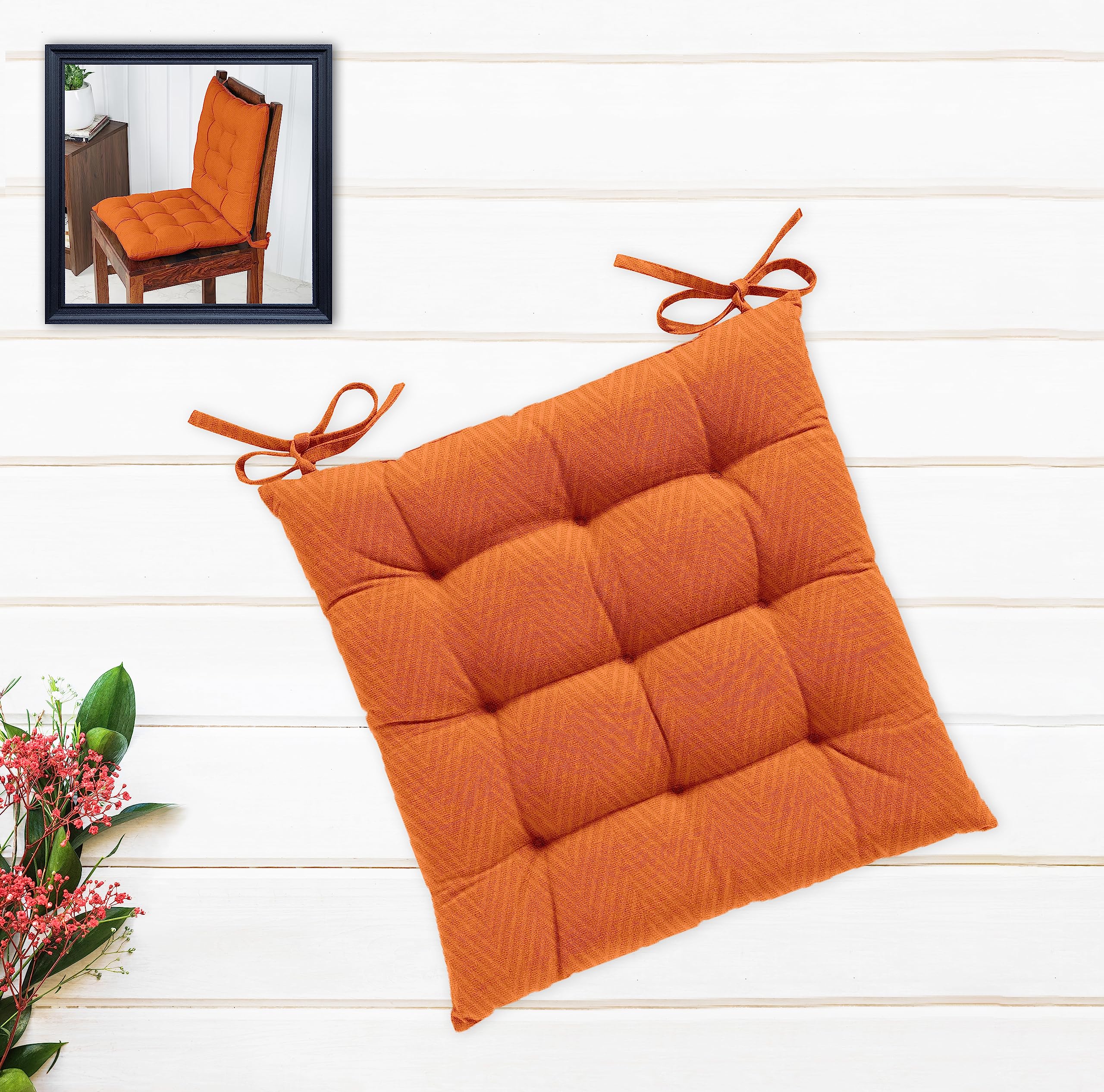 Oasis Home Collection Cotton Shell | Mixfiber Filled |Multipurpose Chair Cushion/Pad with Ties - Pack of 1 (40x40CM - 16"x16", Orange)-image-15