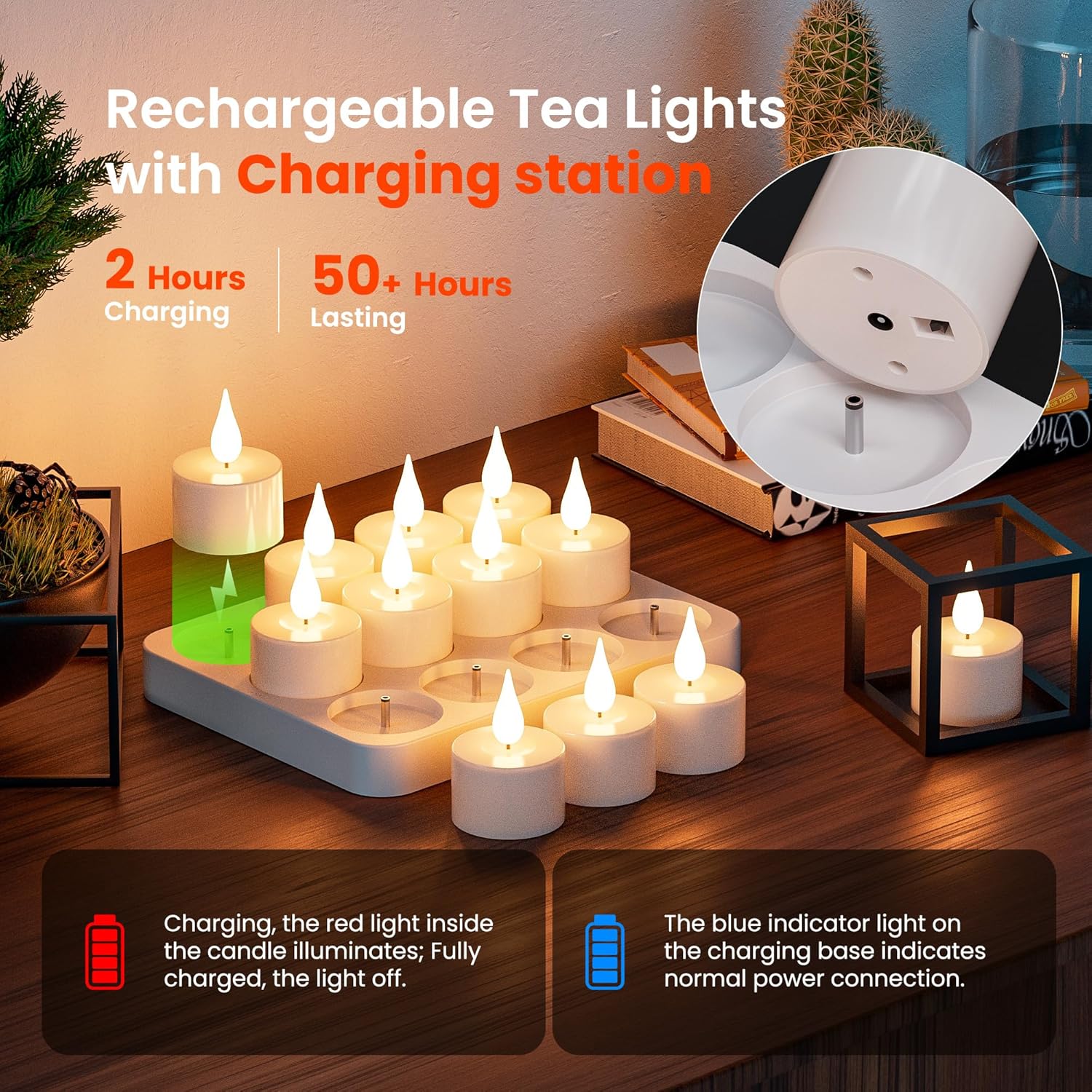 Rechargeable Tea Lights Flameless Candle with Remote Timer, 12 PCS Tea Candles Flickering with Charging Base, 3D Flame Battery Operated Small Votive for Home Wedding Christmas Decorative