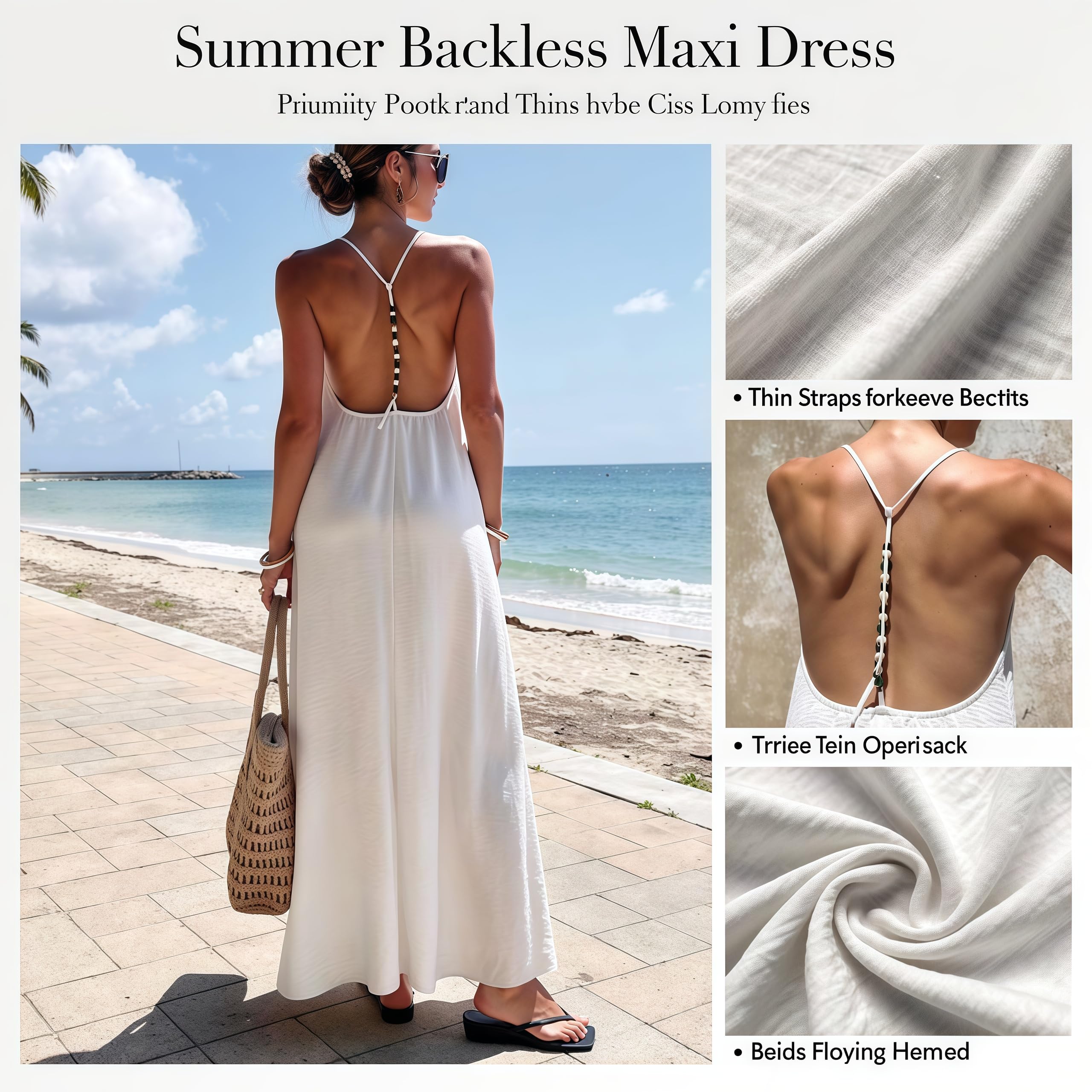 Abiti Lungo Donna Senza Schienale Scollo all'Americana Decorato Perline Stile Boho Svolazzante Estivo Spiaggia Spalline A T Casual Ampio Senza Maniche Vacanze.