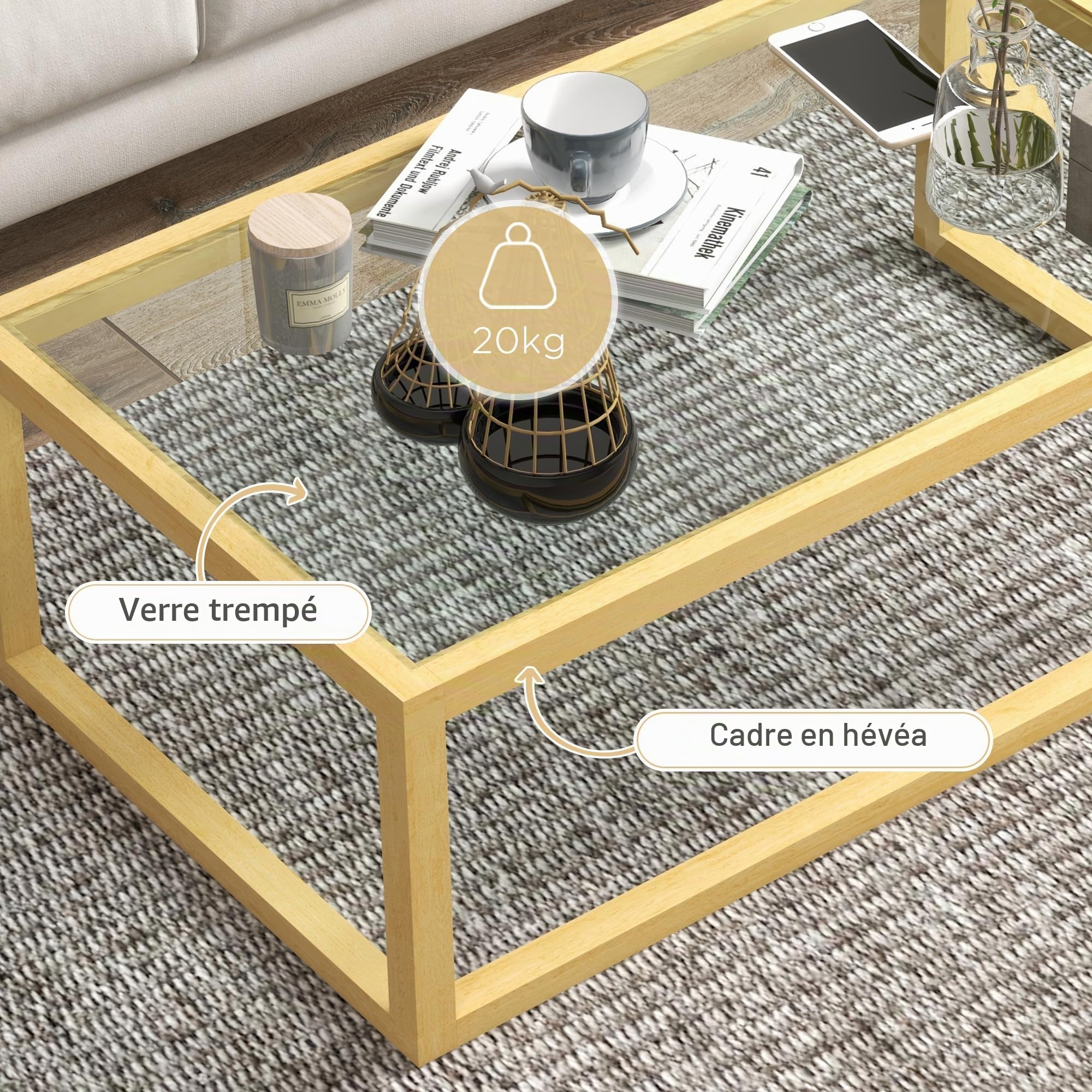 HOMCOM Table Basse Rectangulaire Salon 100L x 60l x 35H cm Bois Naturel