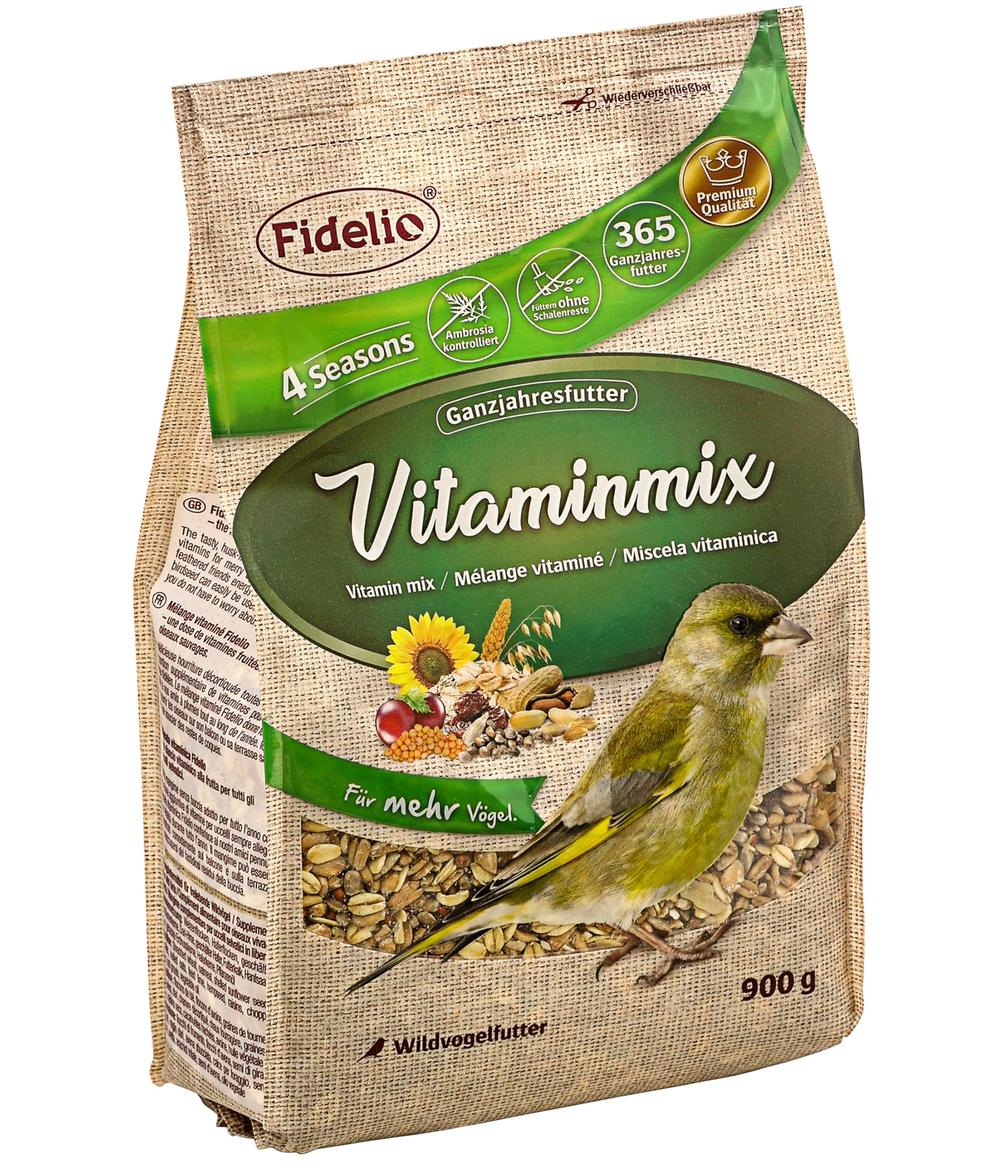Fidelio Wildvogelfutter, Vitamin-Mix, Ganzjahresfutter proteinreich/energiereich, hochwertiges Vogelfutter für Wildvögel, 5 x 900 g (4.5 kg) (Packung mit 4)