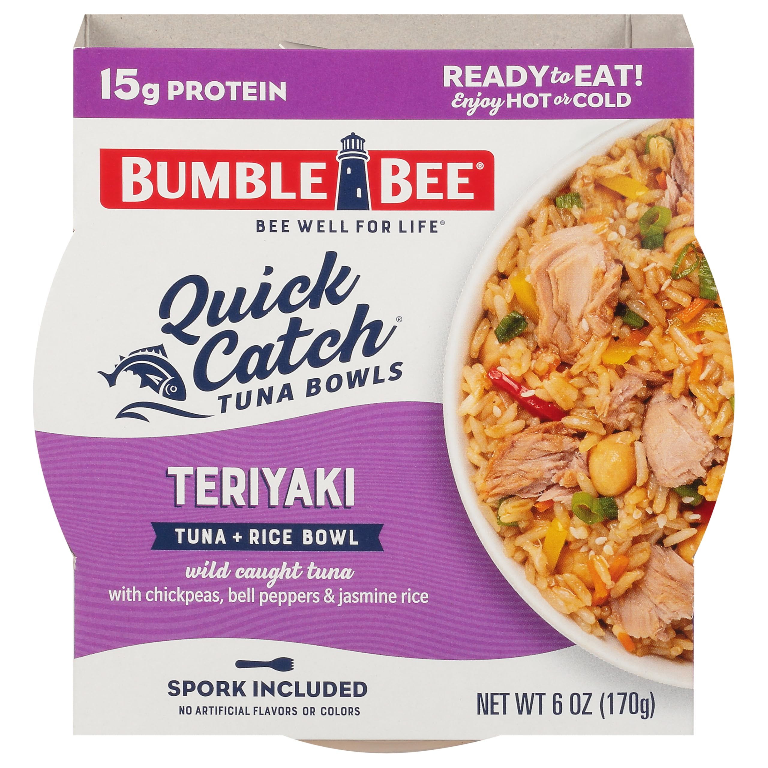 Quick Catch Teriyaki Tuna & Rice Bowl, 6 oz - Ready to Eat, Spork Included - 15g Protein per Serving - No Artificial Flavors - Good Source of Fiber