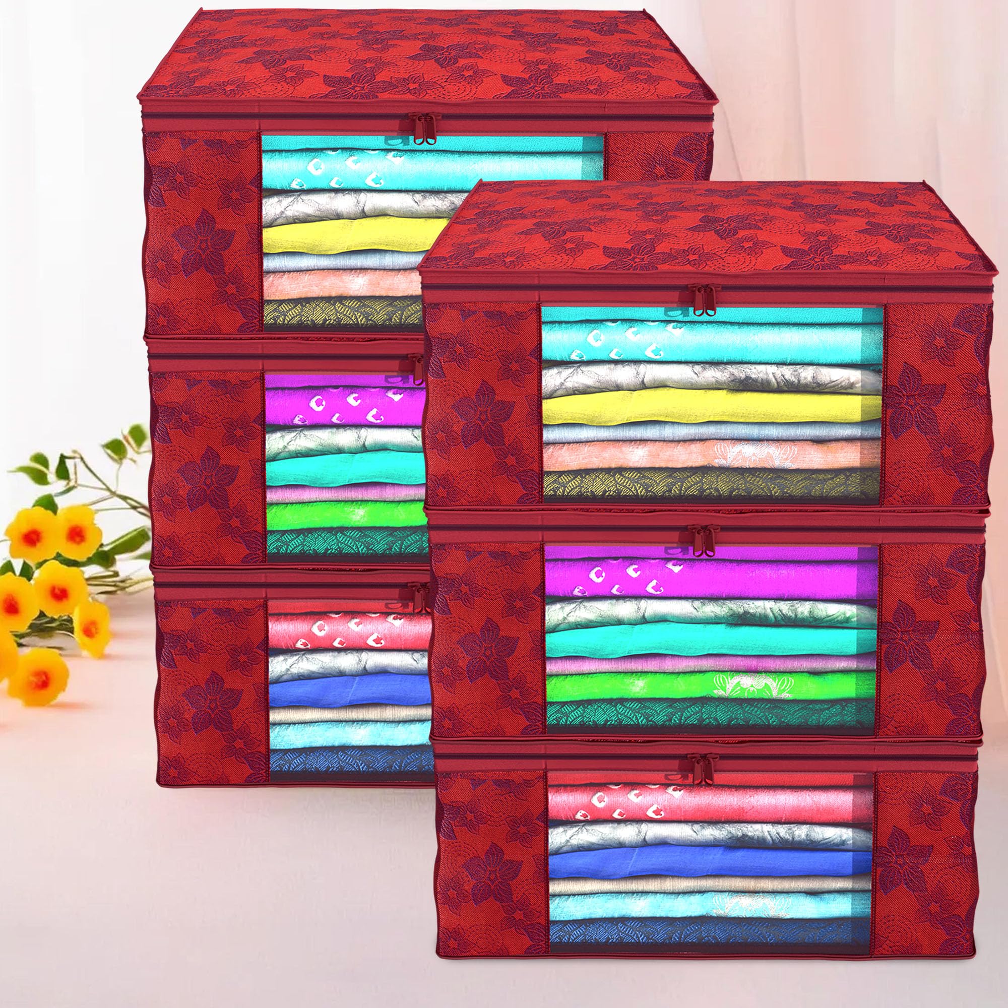 Kuber Industries Clothes Organizer For Wardrobe (Pack of 6) - Storage Organizer For Saree | Shirts | Lehanga Chunni | Clothes - Dress Organizer For Wardrobe - Saree Covers With Zip (Printed) (Red) (B0C4GZPZPS) Amazon Price History, Amazon Price Tracker