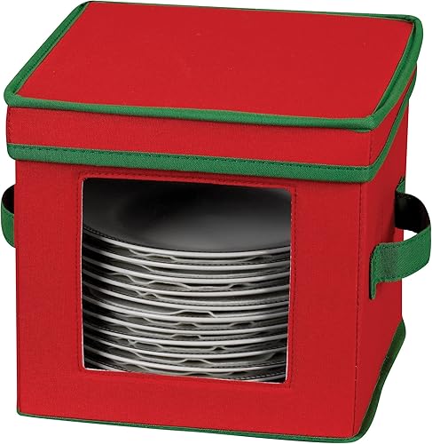 Miniatura 2 de Household Essentials 532 Rojo - Contenedor para almacenamiento de vajilla navideña de porcelana, para platos o tazones de postre, tapa removible,