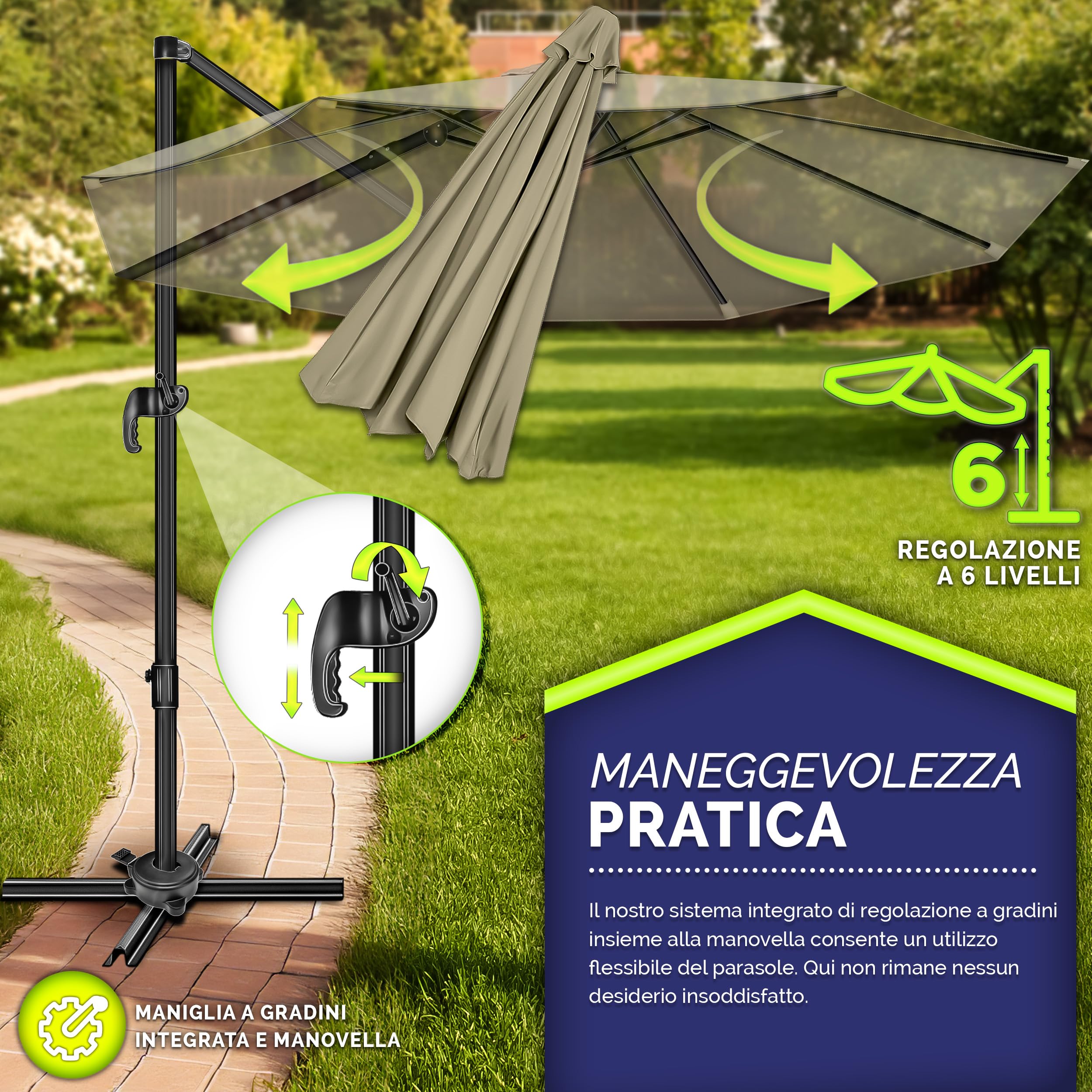 tillvex® Premium ombrellone da giardino 330 cm + copertura e protezione dal vento | Ombrellone a sbalzo regolabile a 7 pieghe con manovella | Ombrellone in alluminio girevole a 360° inclinabile