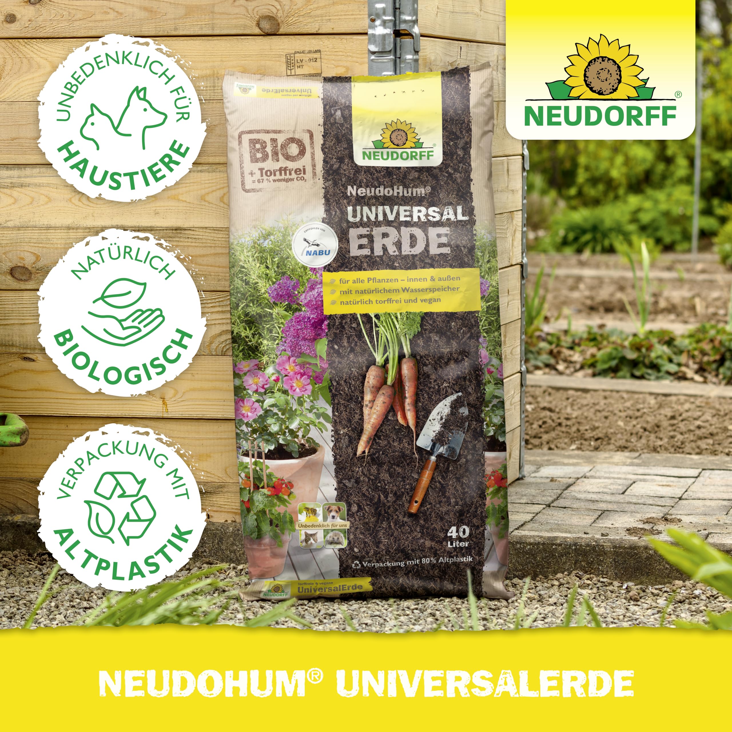 Neudorff NeudoHum UniversalErde 75L Erde torffrei für Balkonpflanzen - Bio Gemüseerde für Balkonpflanzen und Zimmerpflanzen - für bis zu 4 Wochen vorgedüngt
