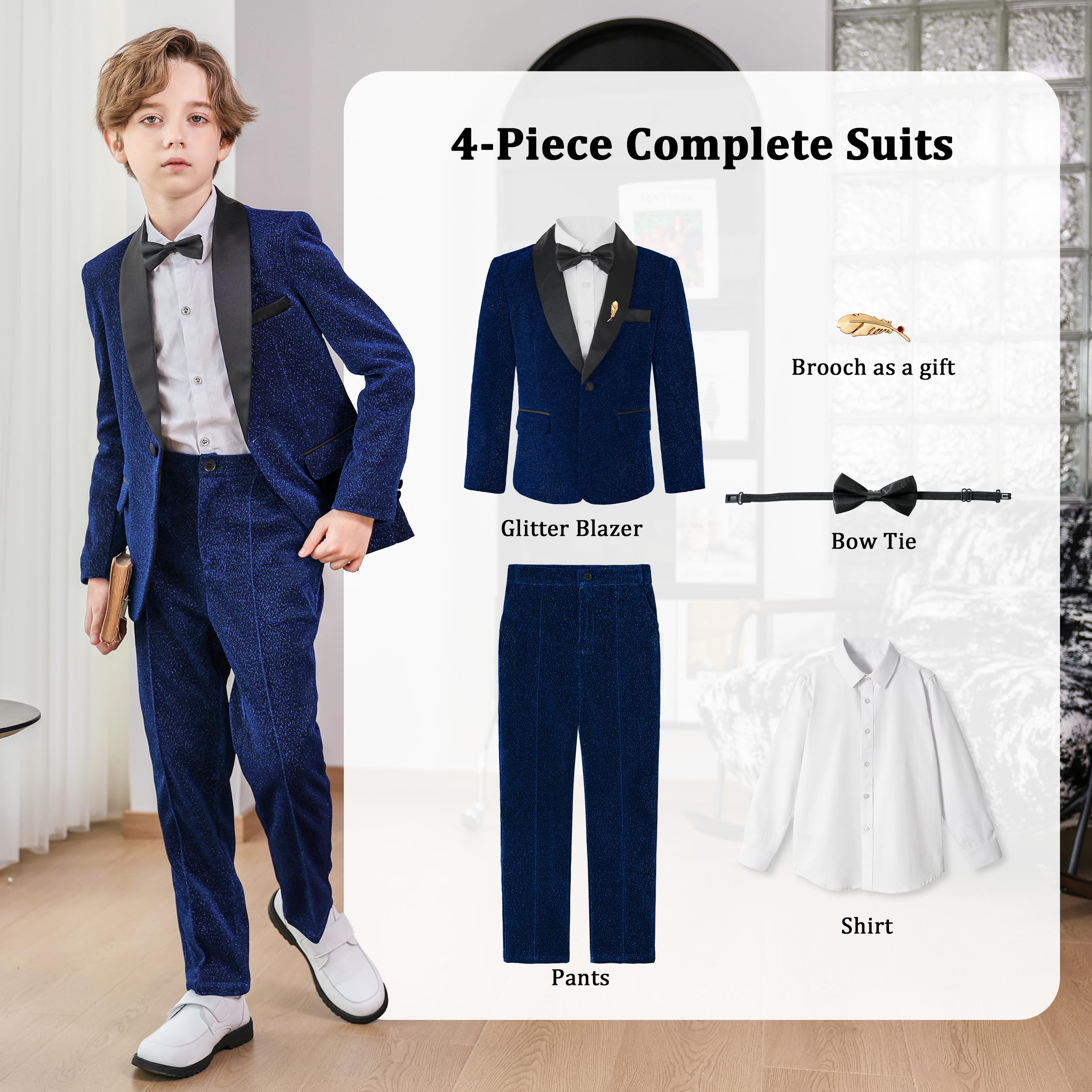 LOLANTA Completo Elegante per Bambini 4 Pezzi, Smoking da Ragazzo, Abito da Festa Luccicante per Ragazzi, Outfit per Paggetto con Blazer, Pantaloni, Camicia e Papillon