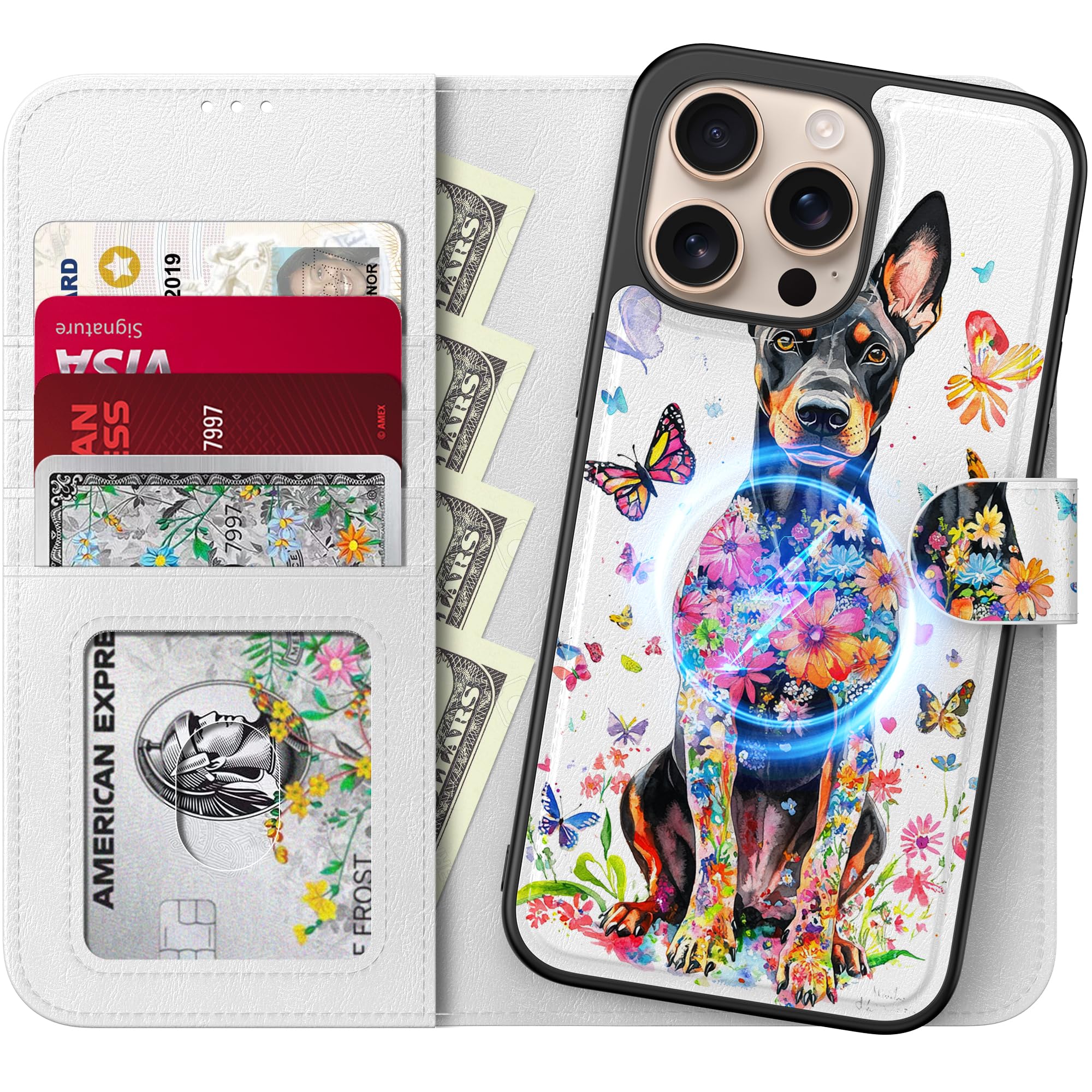 FUNMIKO for iPhone 16 Pro Max Detachable Wallet Case with Card Holder + Cash Clip, PU Leather Flip Folio Kickstand, RFID-Blocking, Wireless Charging &