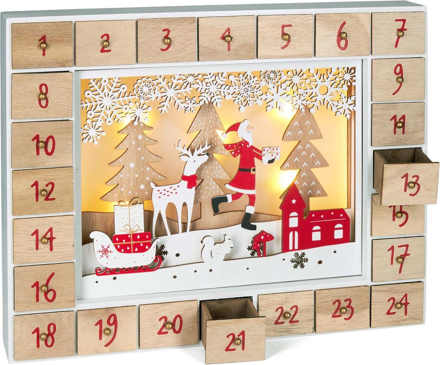 BRUBAKER Reusable Wooden Advent Calendar to Fill - Santa Claus in the Forest with LED Lighting - DIY Christmas Calendar 13.98 x 2.36 x 10.63 inches