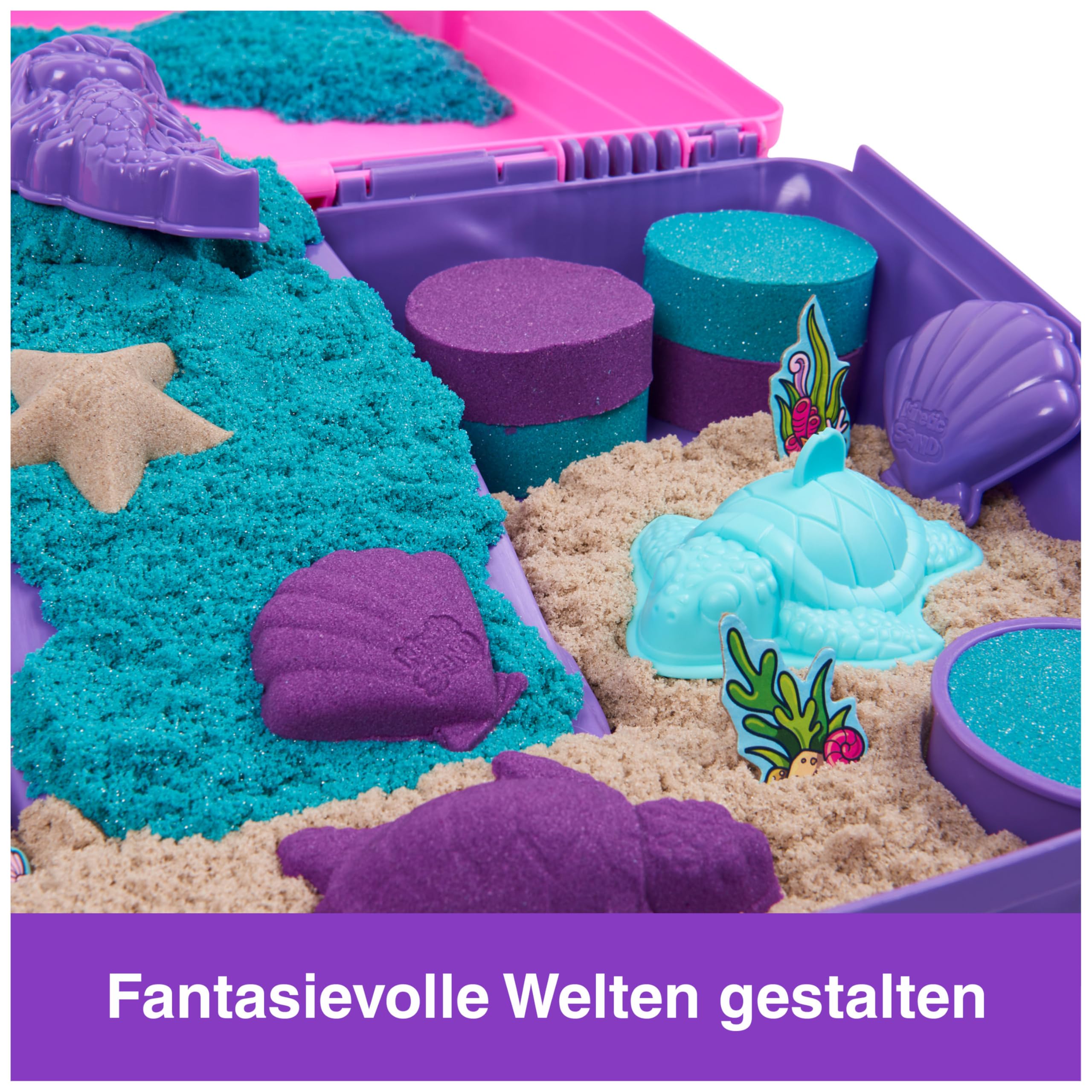 Kinetic Sand Meerjungfrauen Koffer - mit 907 g original kinetischem Sand aus Schweden, erfüllt alle gesetzlichen Anforderungen, mit 6 Förmchen für kreatives Indoor-Sandspiel, für Kinder ab 3 Jahren
