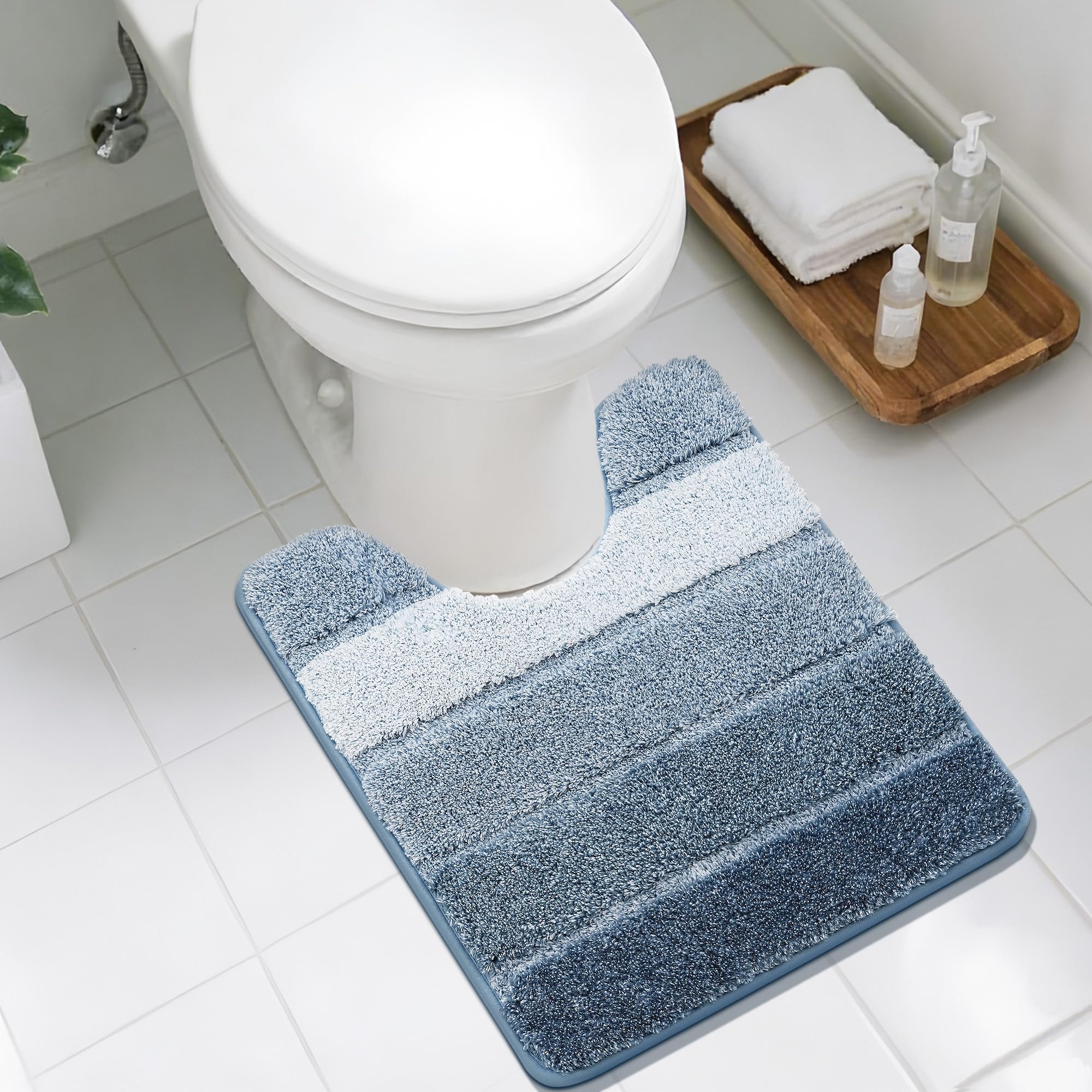 Photo 1 of COSY HOMEER Toilet Rugs U-Shaped 24"x20", Ultra Soft Absorbent Bath Mat with Non-Slip TPR Backing, Machine Washable Shaggy Rug for Toilet, Blue