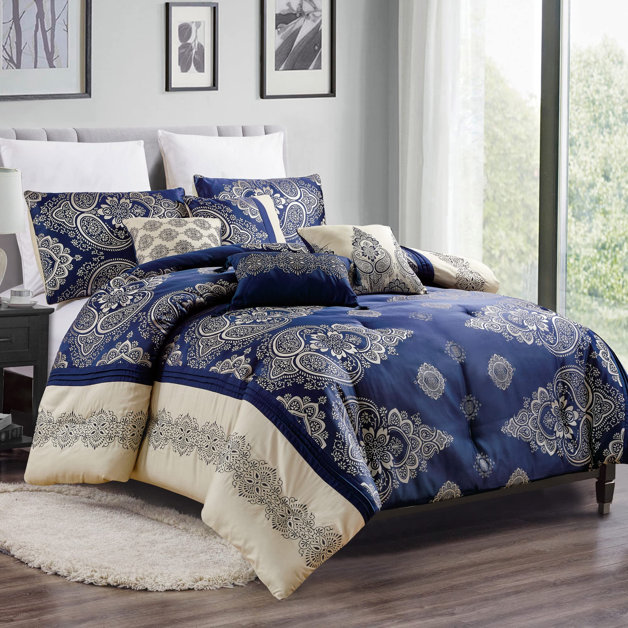 Homechoice Decor7 Pieces Jacquard Bedding Comforter Sets with Floral Pattern, Classic Patchwork Color Block Bed Set, All Season Luxury Bed in A Bag with Down Alternative Filling, King, Navy (LQ-23)
