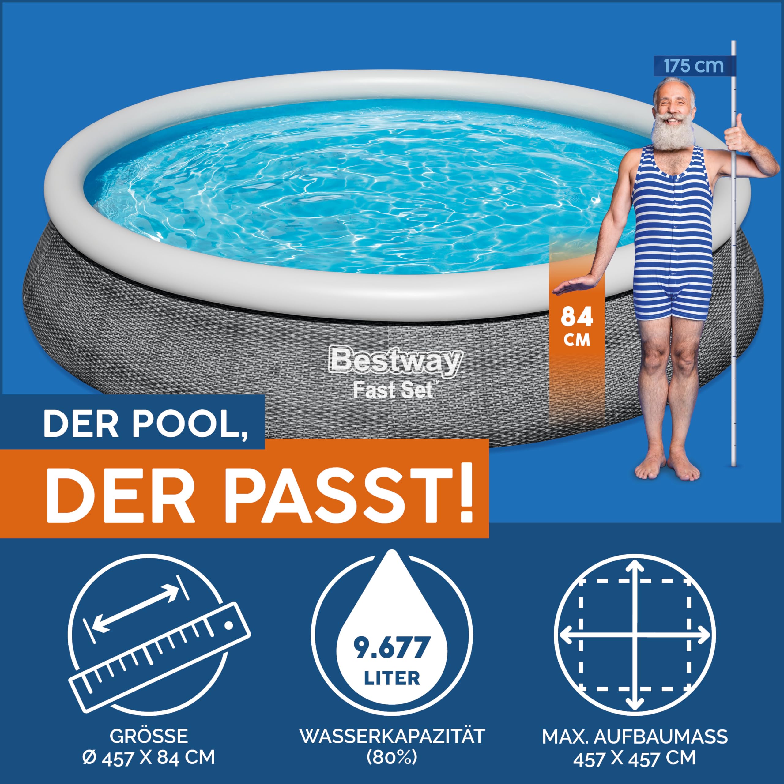 Bestway® Fast Set™ Aufstellpool-Set mit Filterpumpe Ø 457 x 84 cm, Rattan-Optik (Schiefergrau), rund