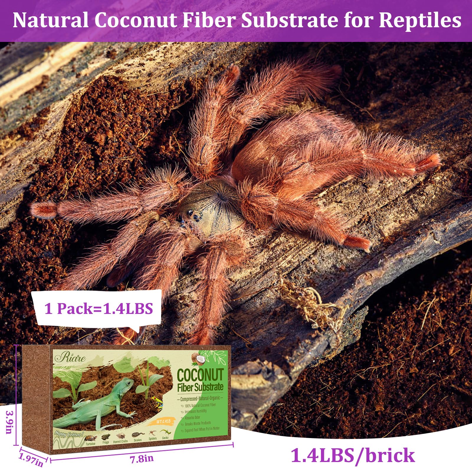 Riare 1 Pack Natural Coconut Fiber Substrate for Reptile Coco Substrate Premium Compressed Coconut Husk Terrarium Bedding for Reptile, Tortoise, Frogs, Snakes Hermit Crabs, Burrowing Animals — view 3