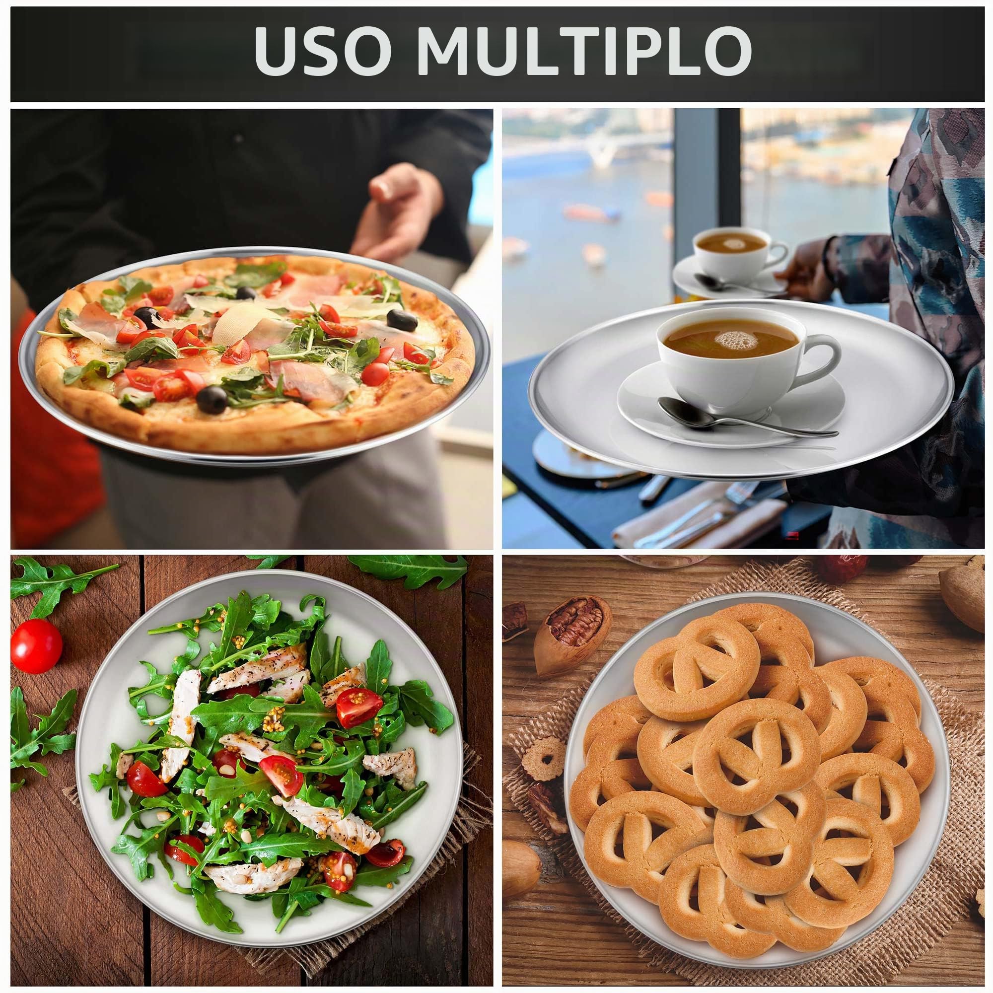 Herogo Set di 4 teglie per pizza, 26 cm, rotonde, in acciaio inox, per forno, cuocere, servire, arrostire, non tossiche e sane, durevoli e lavabili in lavastoviglie (metallo argento)