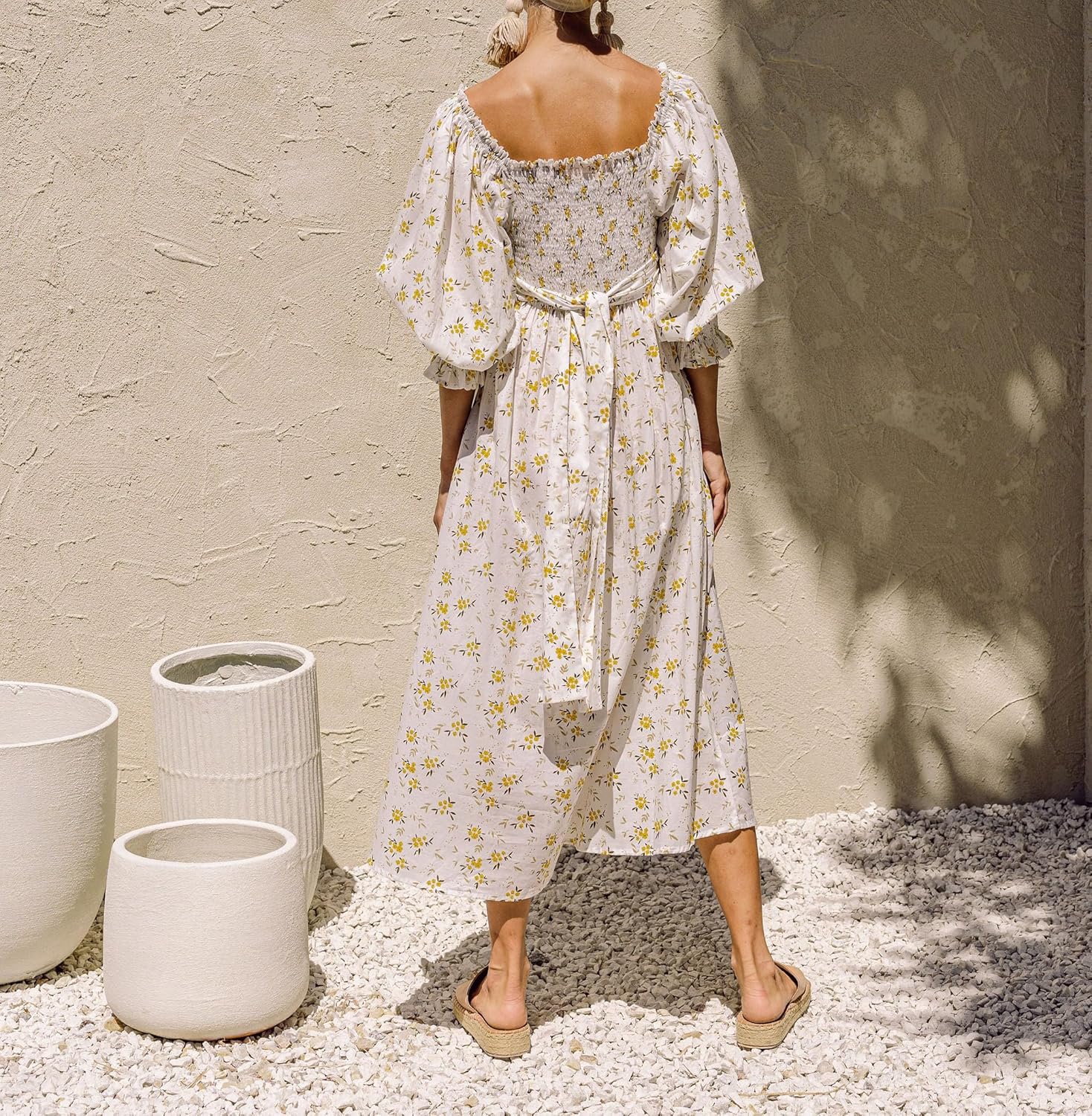 R.Vivimos Women's Summer Boho Cotton Puff Sleeve Dress Swiss Dots Lace Up Smocked Casual A-Line Flowy Midi Dress - Image 5